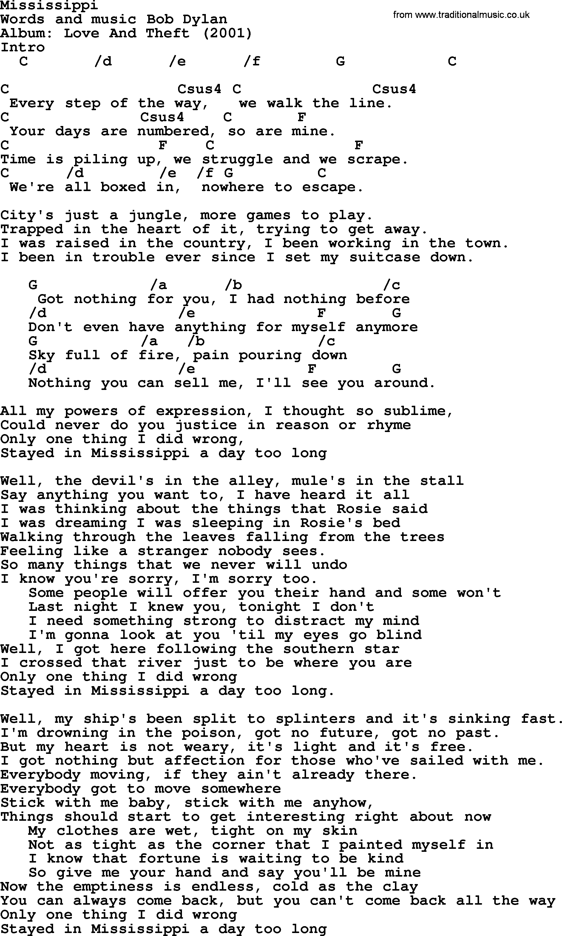 Bob Dylan song, lyrics with chords - Mississippi