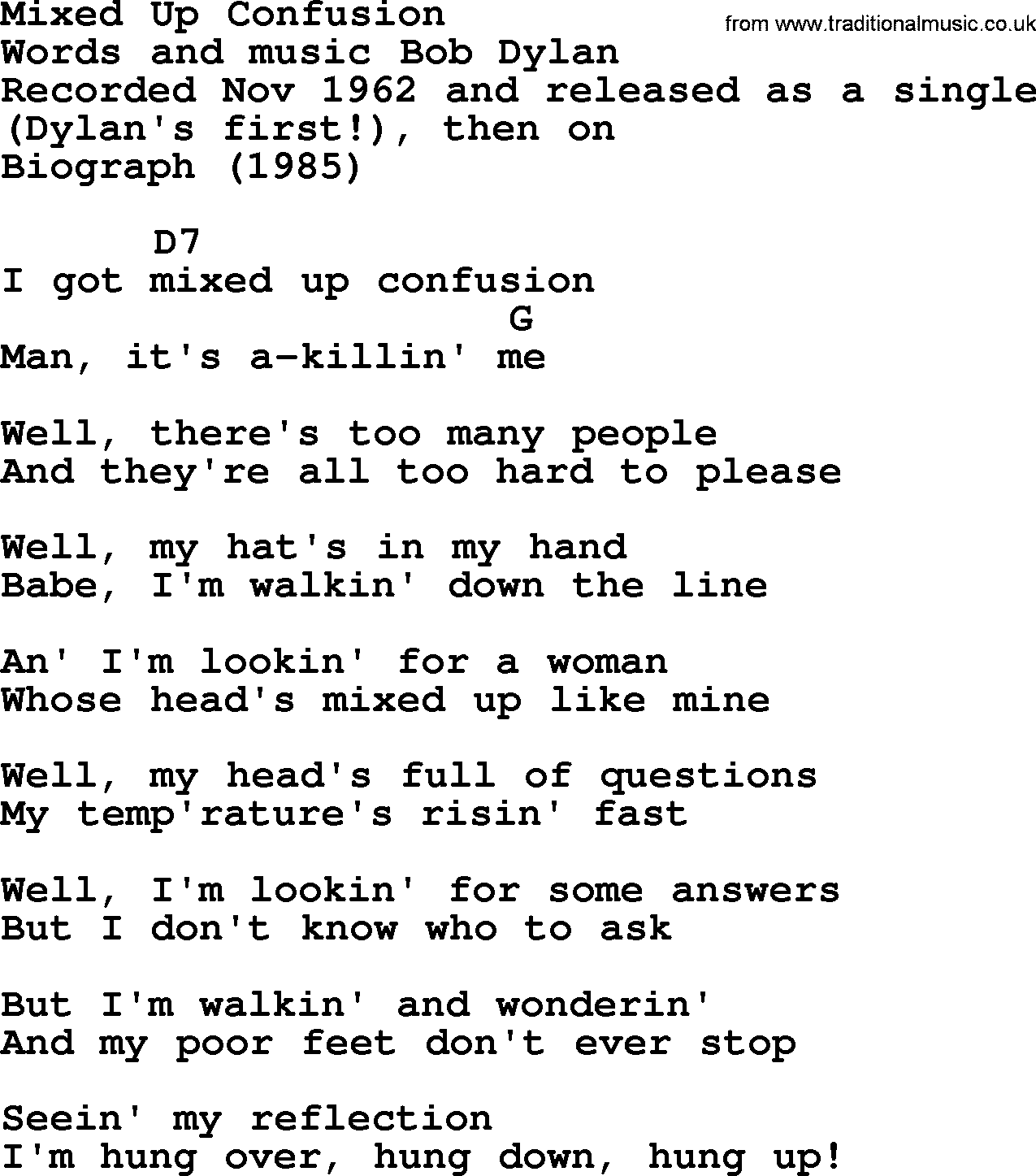 Bob Dylan song, lyrics with chords - Mixed Up Confusion