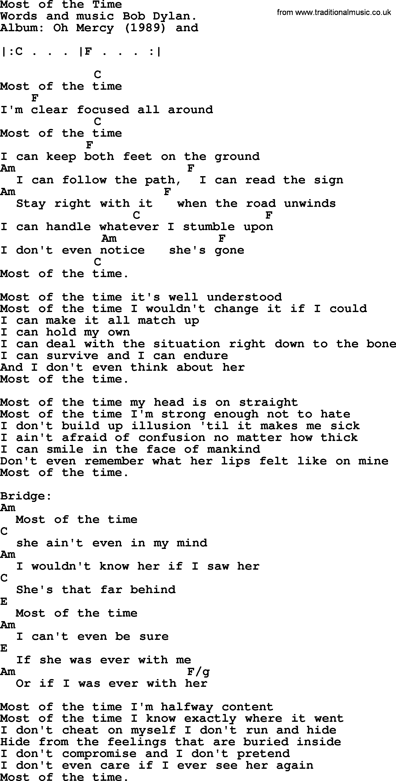 Bob Dylan song, lyrics with chords - Most of the Time