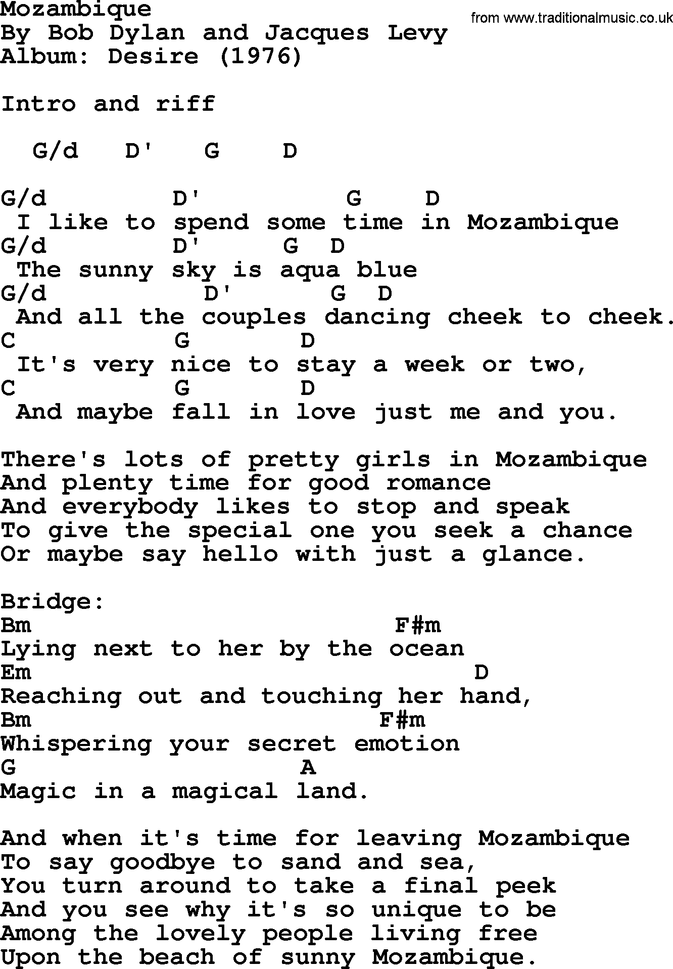 Bob Dylan song, lyrics with chords - Mozambique