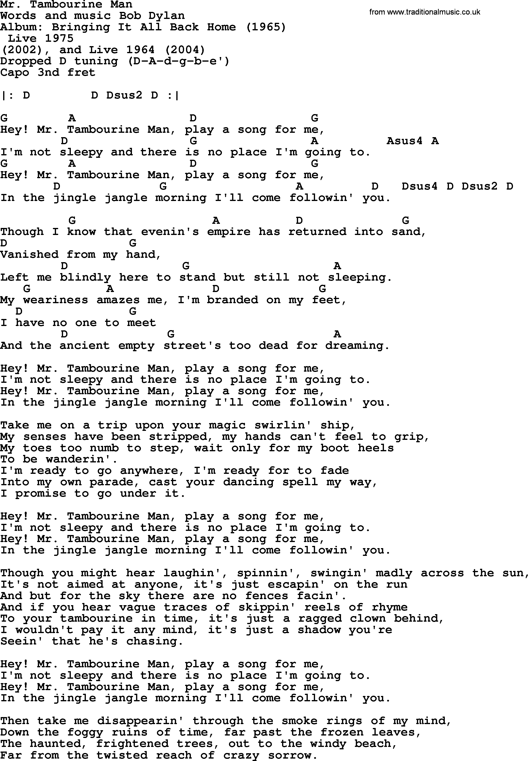 Bob Dylan song, lyrics with chords - Mr. Tambourine Man