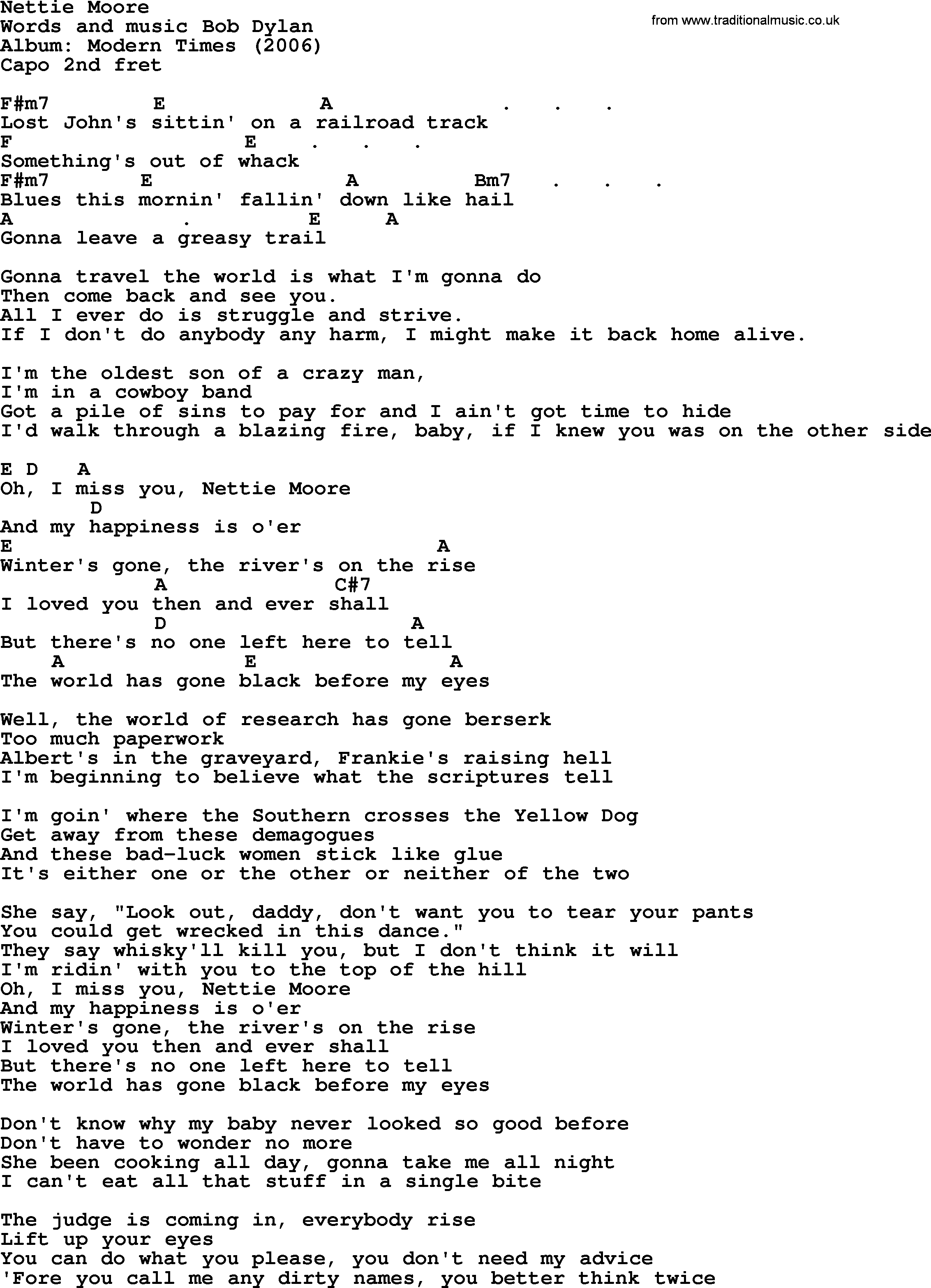 Bob Dylan song, lyrics with chords - Nettie Moore