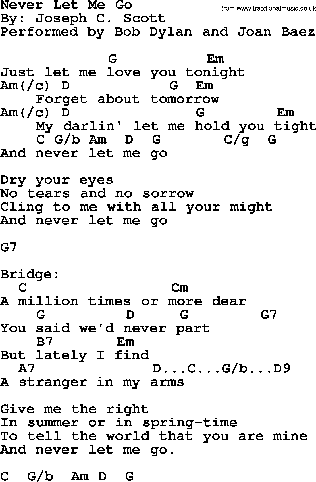 Bob Dylan song, lyrics with chords - Never Let Me Go