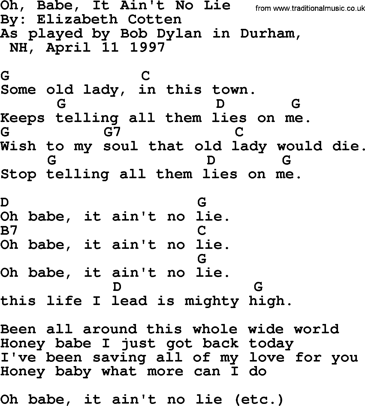 Bob Dylan song, lyrics with chords - Oh, Babe, It Ain't No Lie