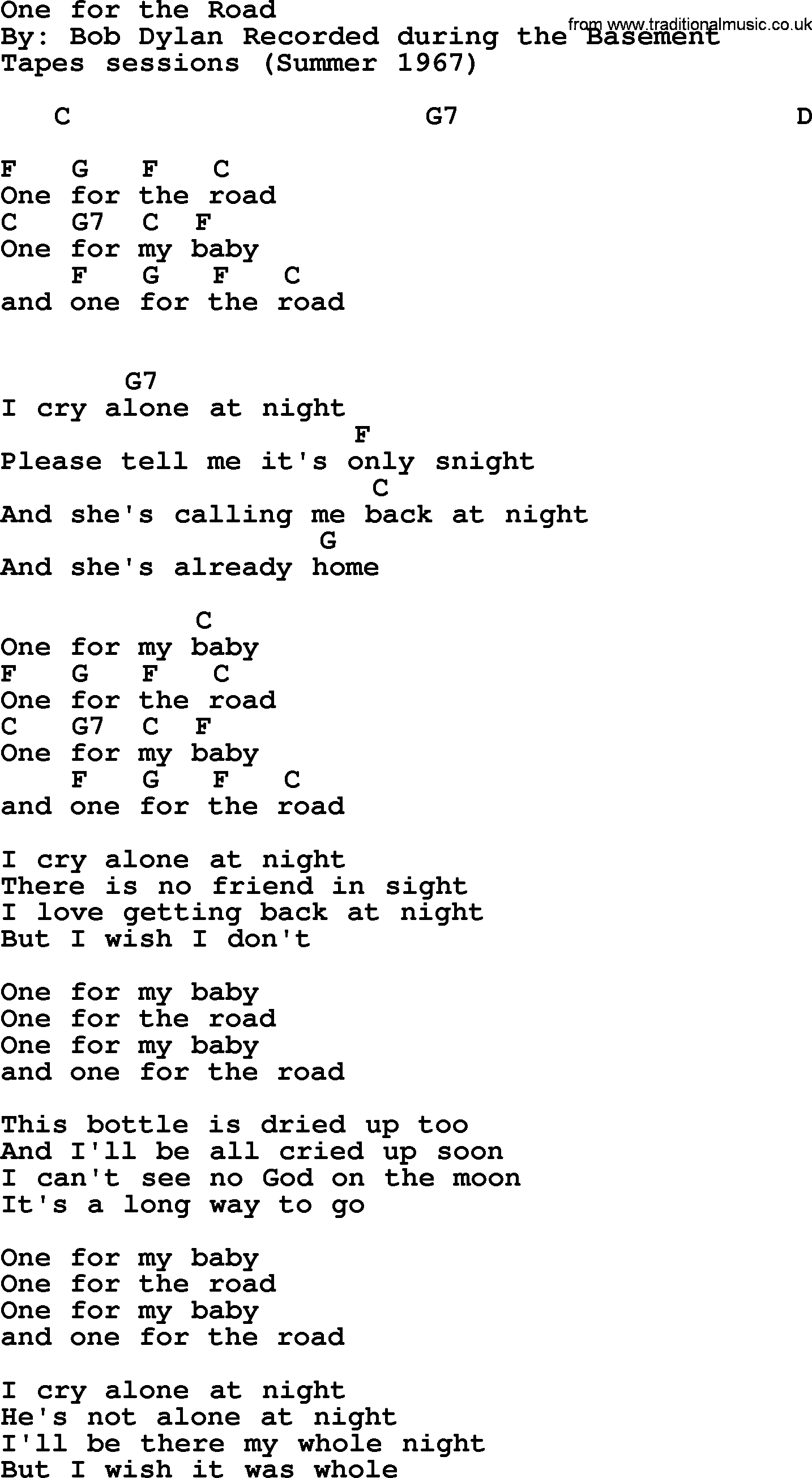 Bob Dylan song, lyrics with chords - One for the Road