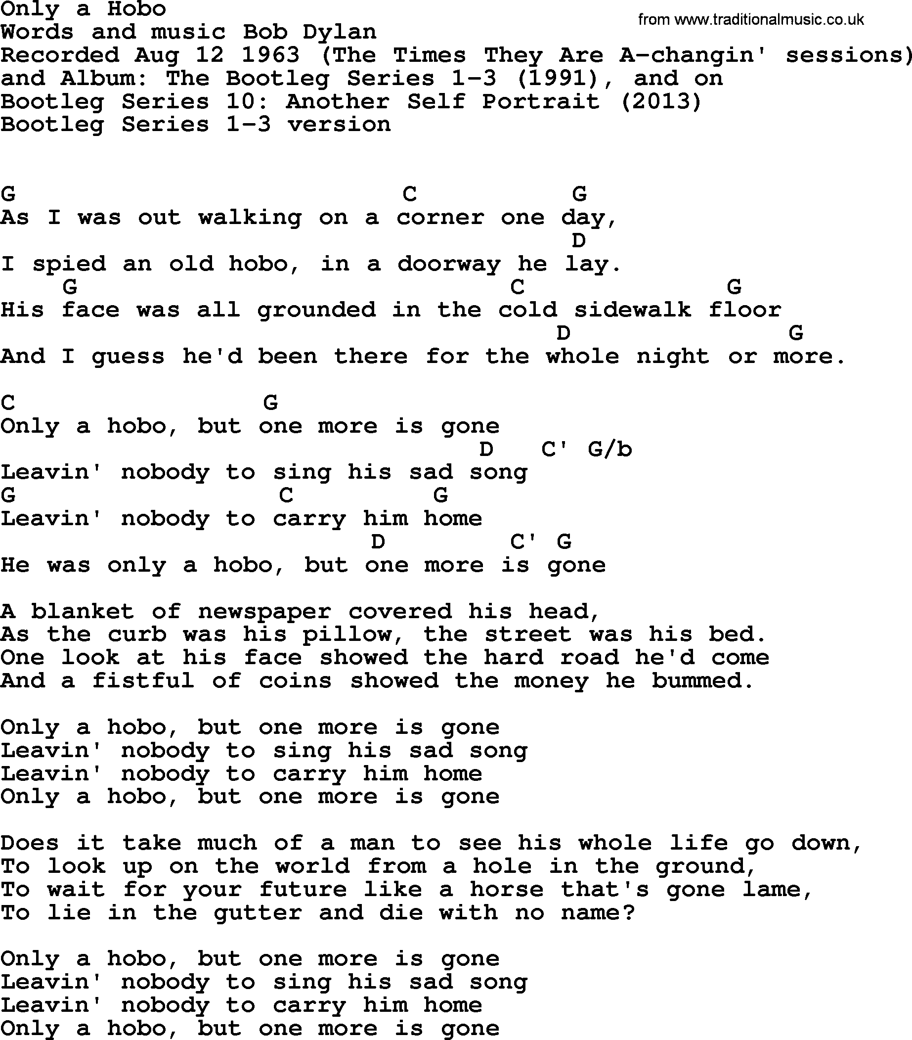 Bob Dylan song, lyrics with chords - Only a Hobo