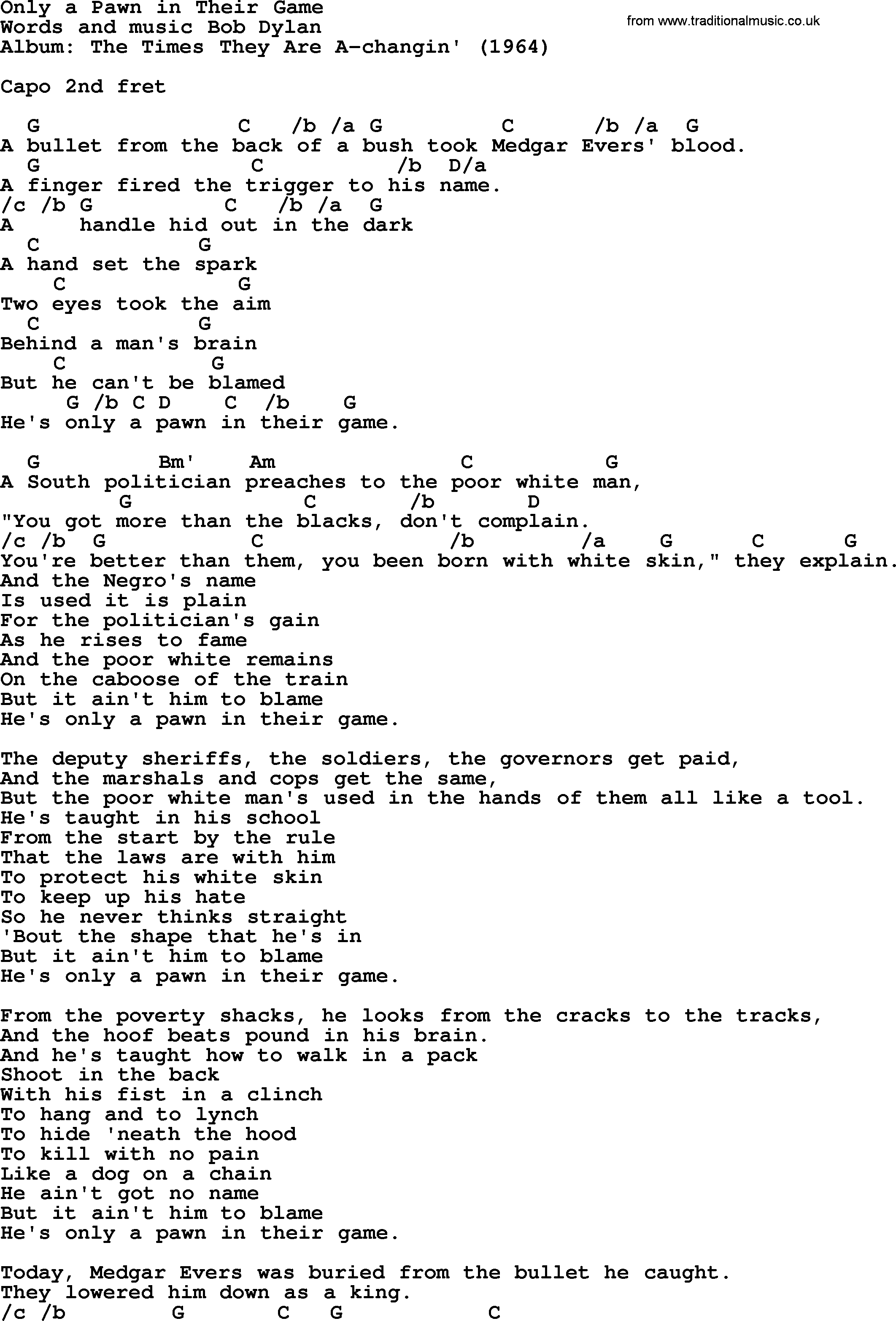 Bob Dylan song, lyrics with chords - Only a Pawn in Their Game