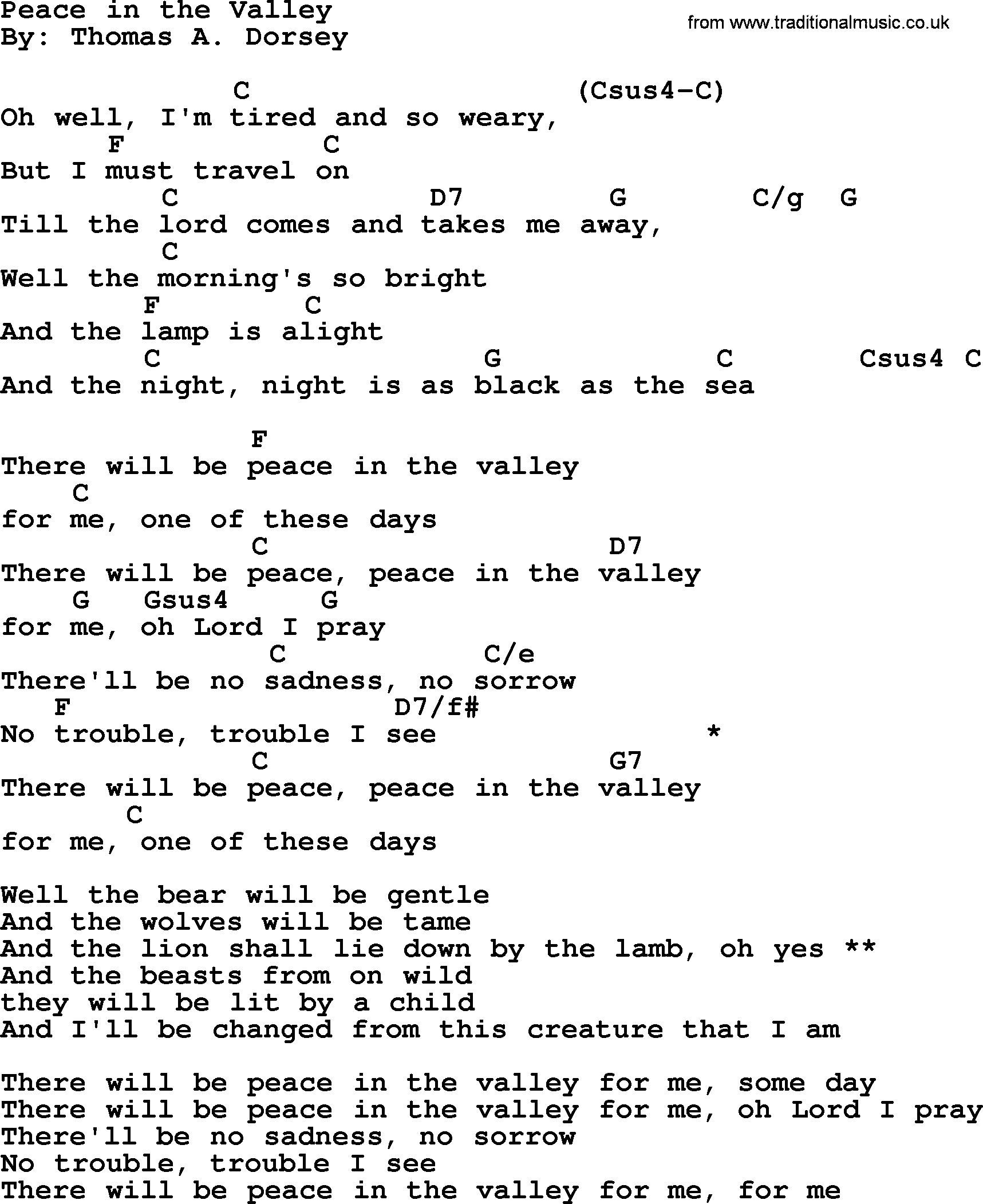 Bob Dylan song - Peace in the Valley, lyrics and chords