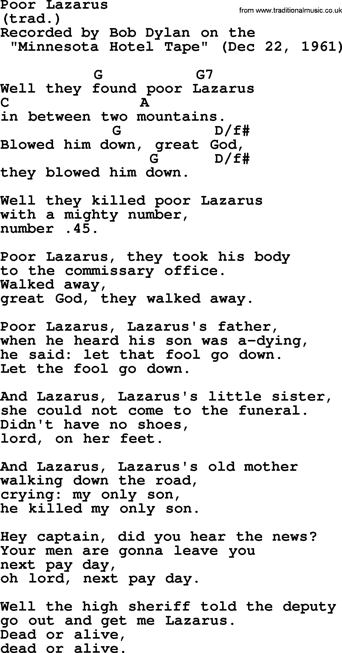 Bob Dylan song, lyrics with chords - Poor Lazarus