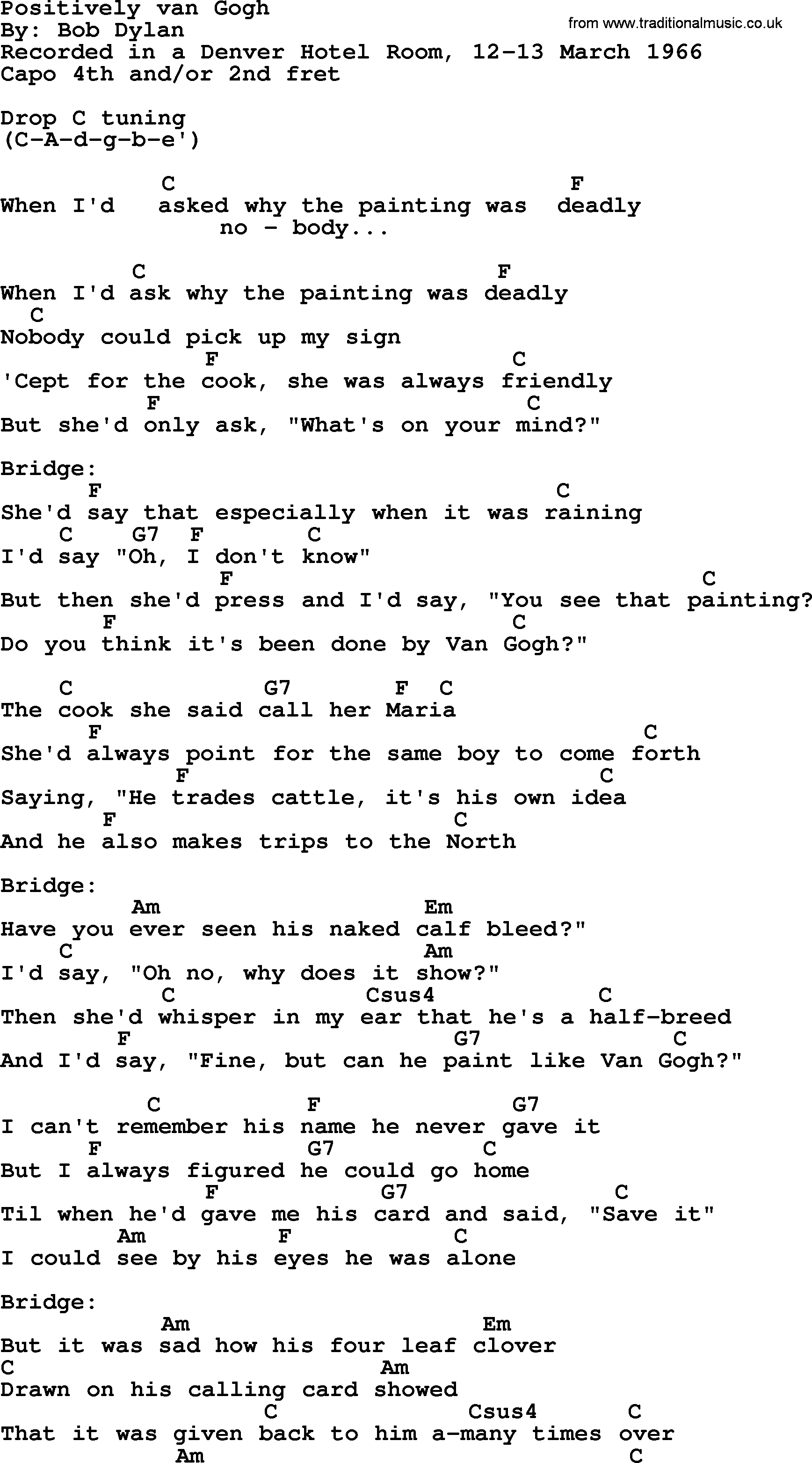 Bob Dylan song, lyrics with chords - Positively van Gogh