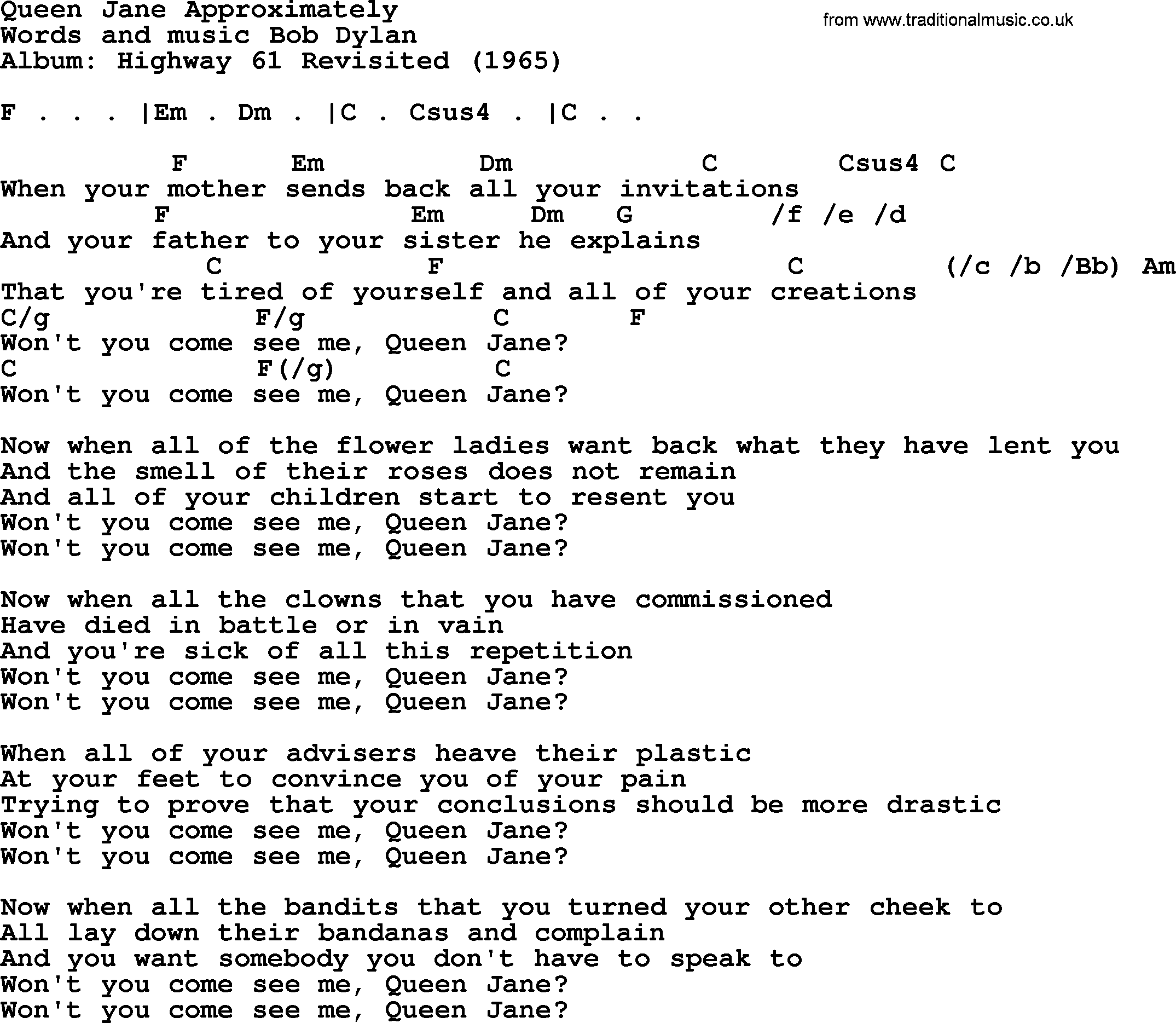 Bob Dylan song, lyrics with chords - Queen Jane Approximately