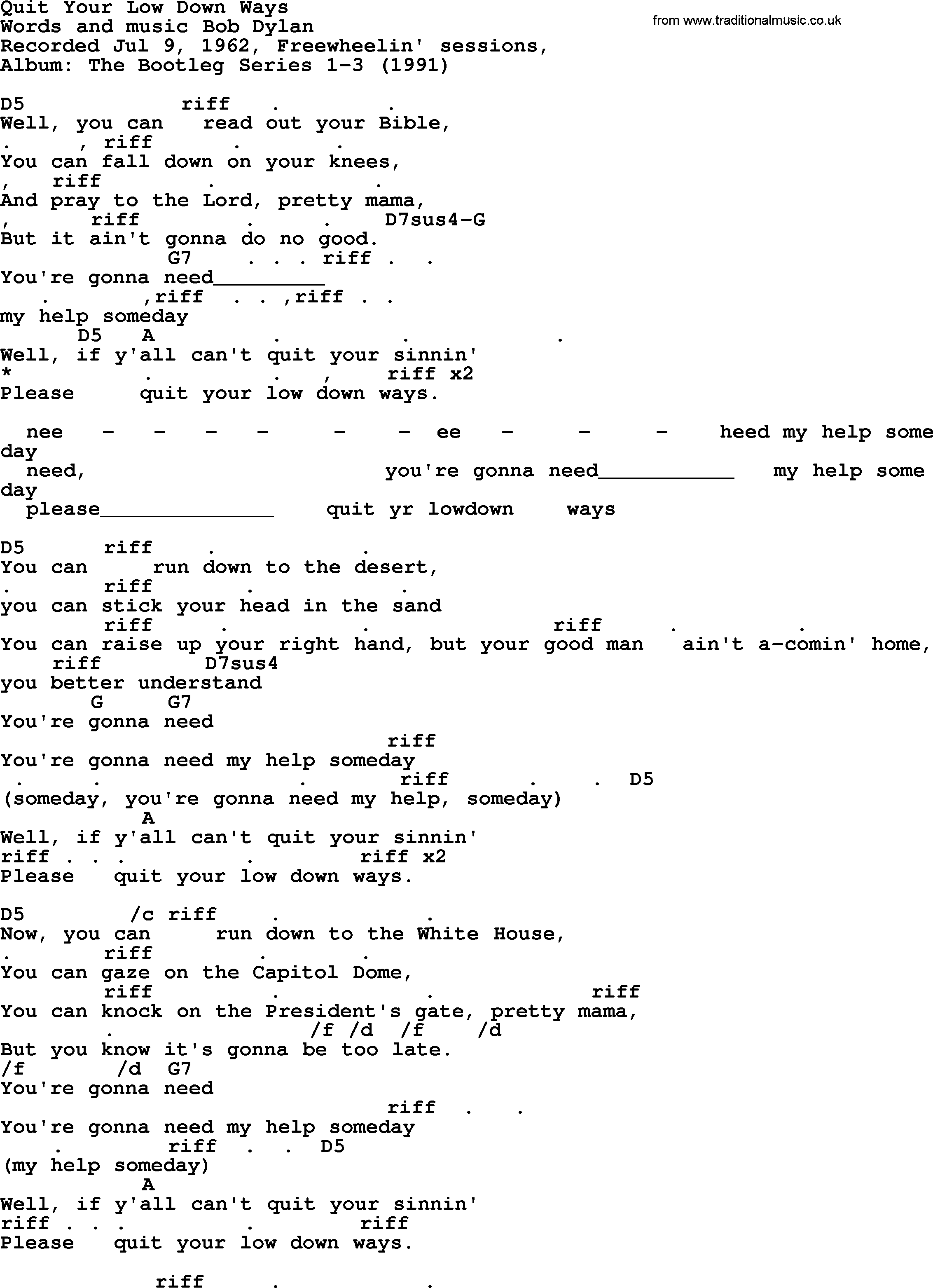 Bob Dylan song, lyrics with chords - Quit Your Low Down Ways