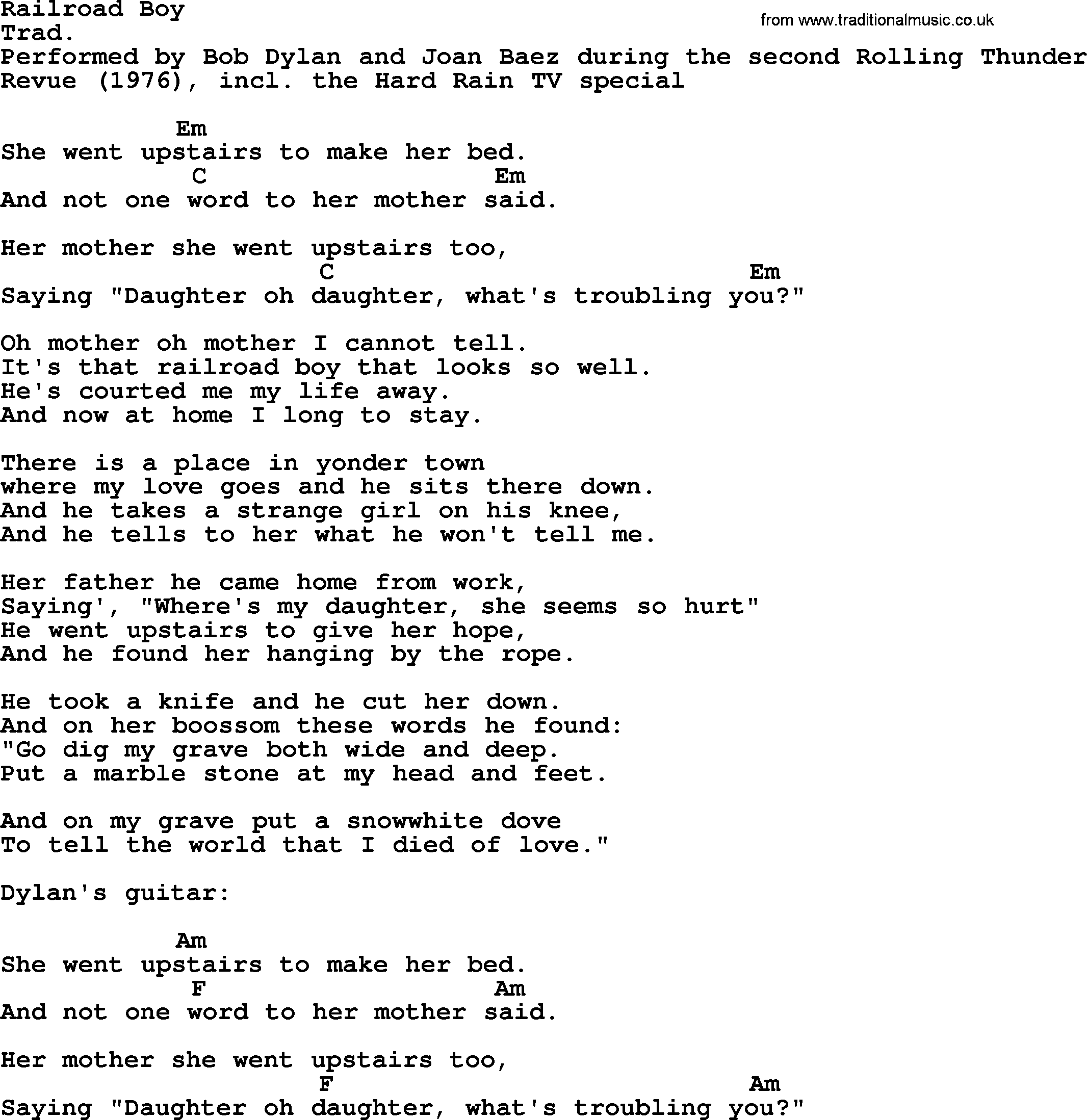 Bob Dylan song, lyrics with chords - Railroad Boy