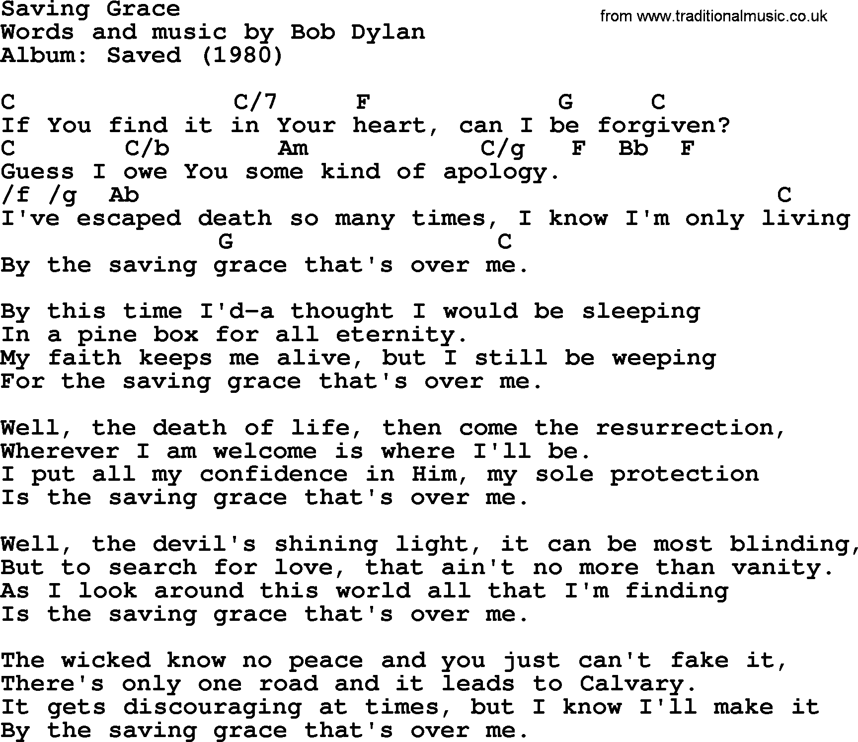 Bob Dylan song, lyrics with chords - Saving Grace