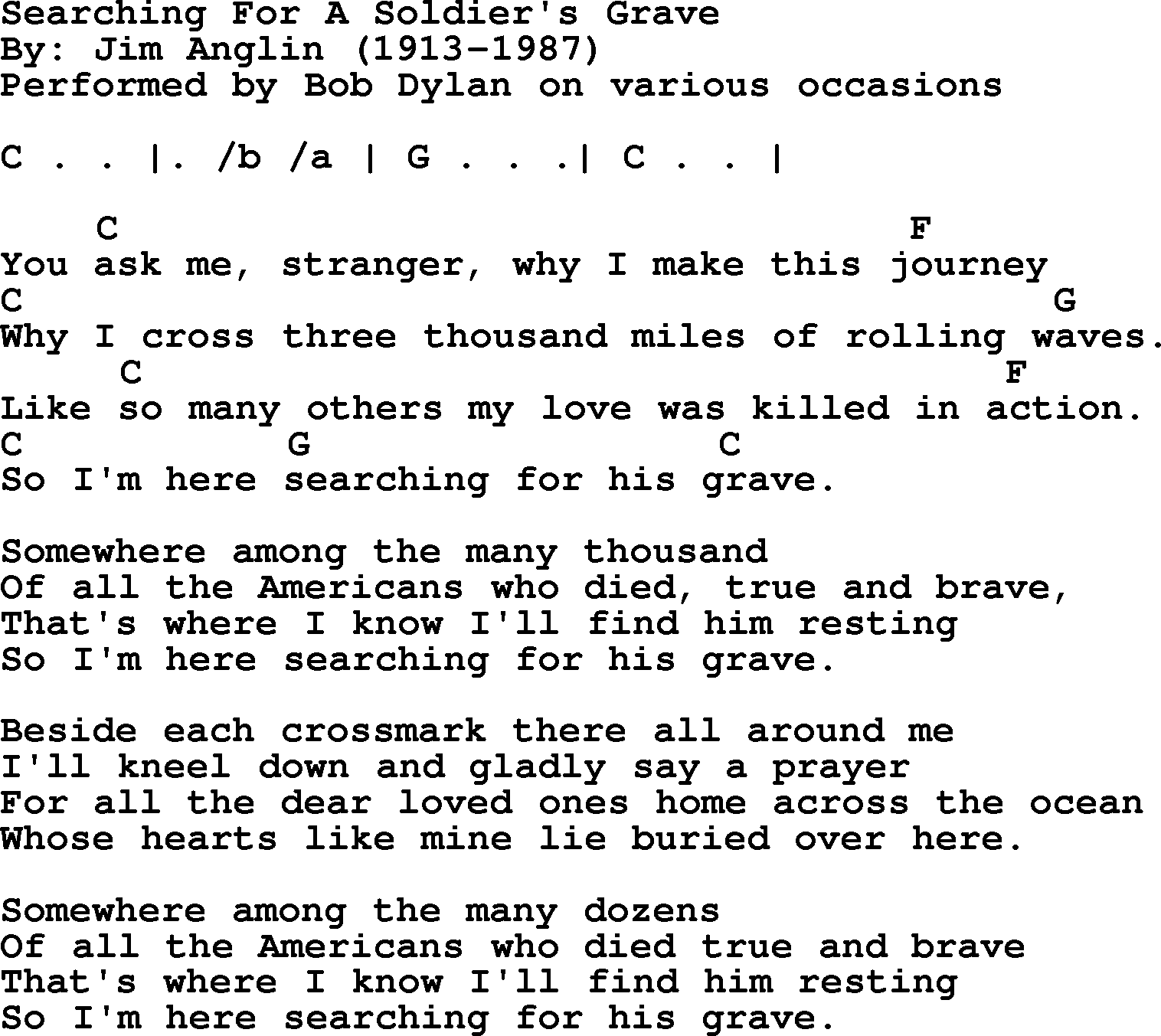 Bob Dylan song, lyrics with chords - Searching For A Soldier's Grave