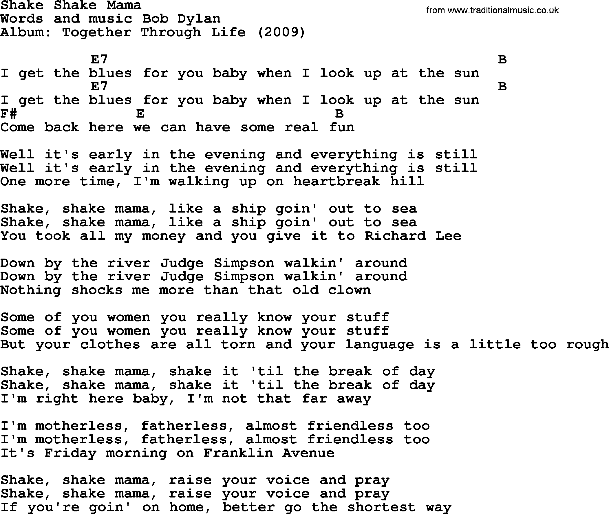 Bob Dylan song, lyrics with chords - Shake Shake Mama