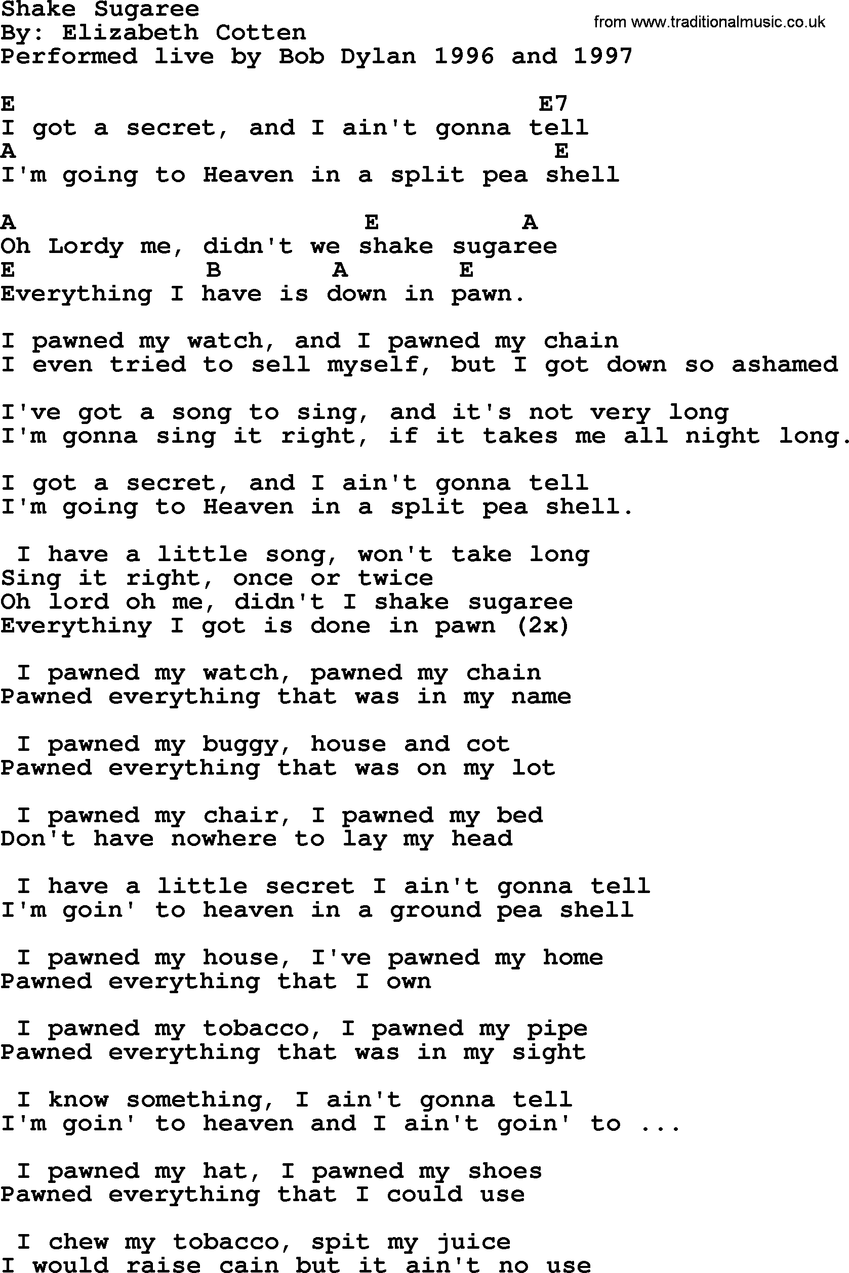 Bob Dylan song, lyrics with chords - Shake Sugaree