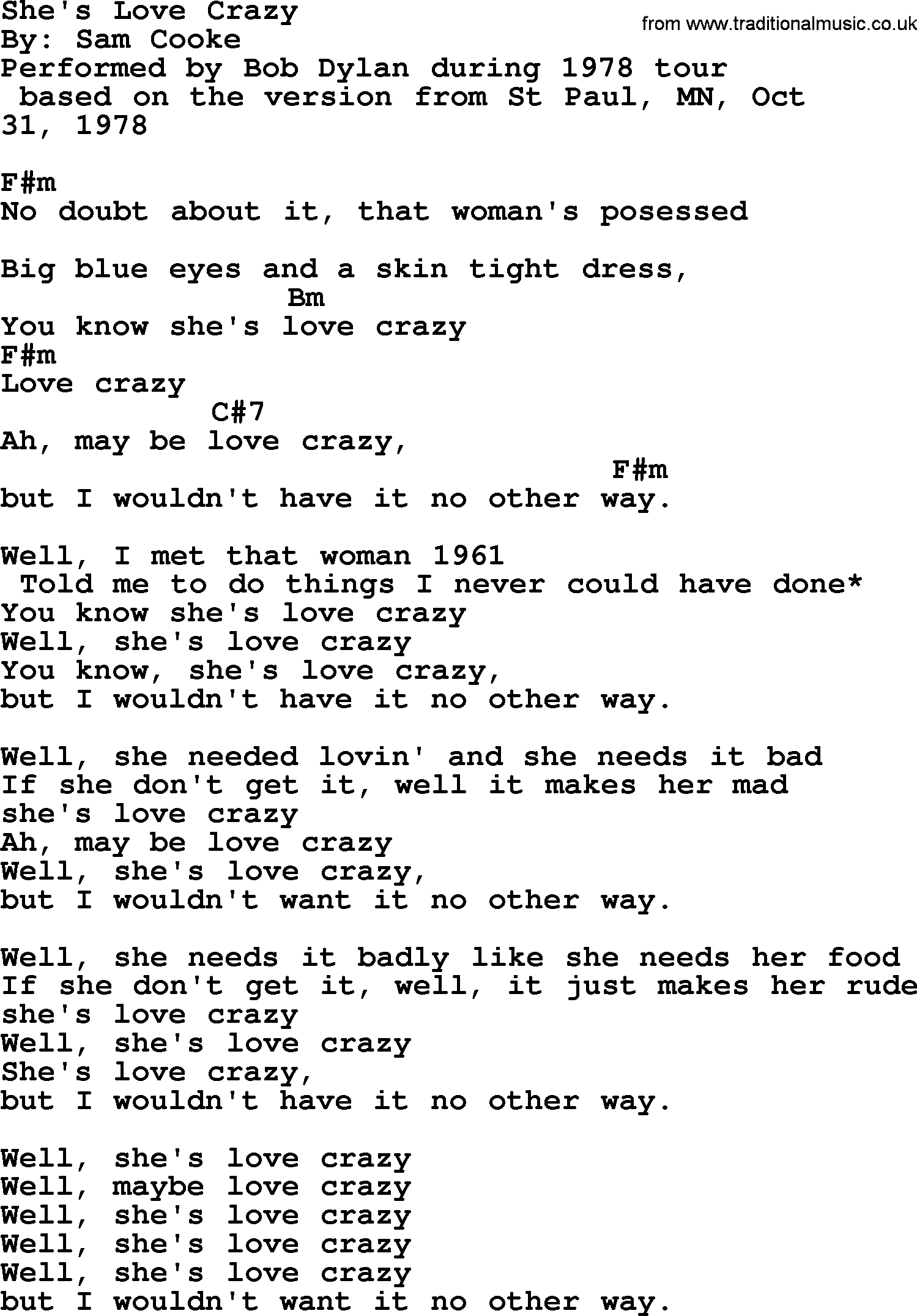 Bob Dylan song, lyrics with chords - She's Love Crazy