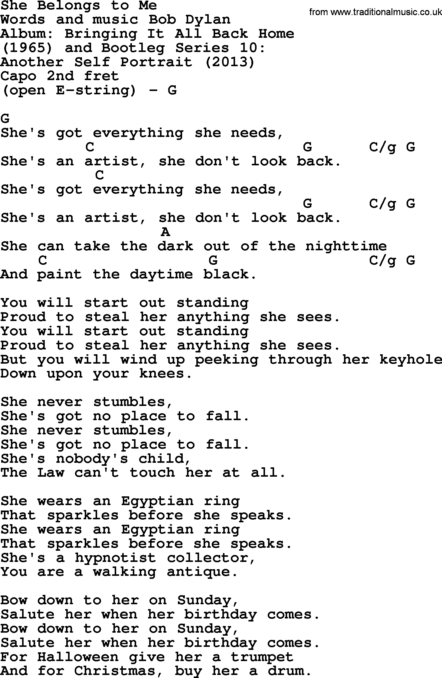 Bob Dylan song, lyrics with chords - She Belongs to Me