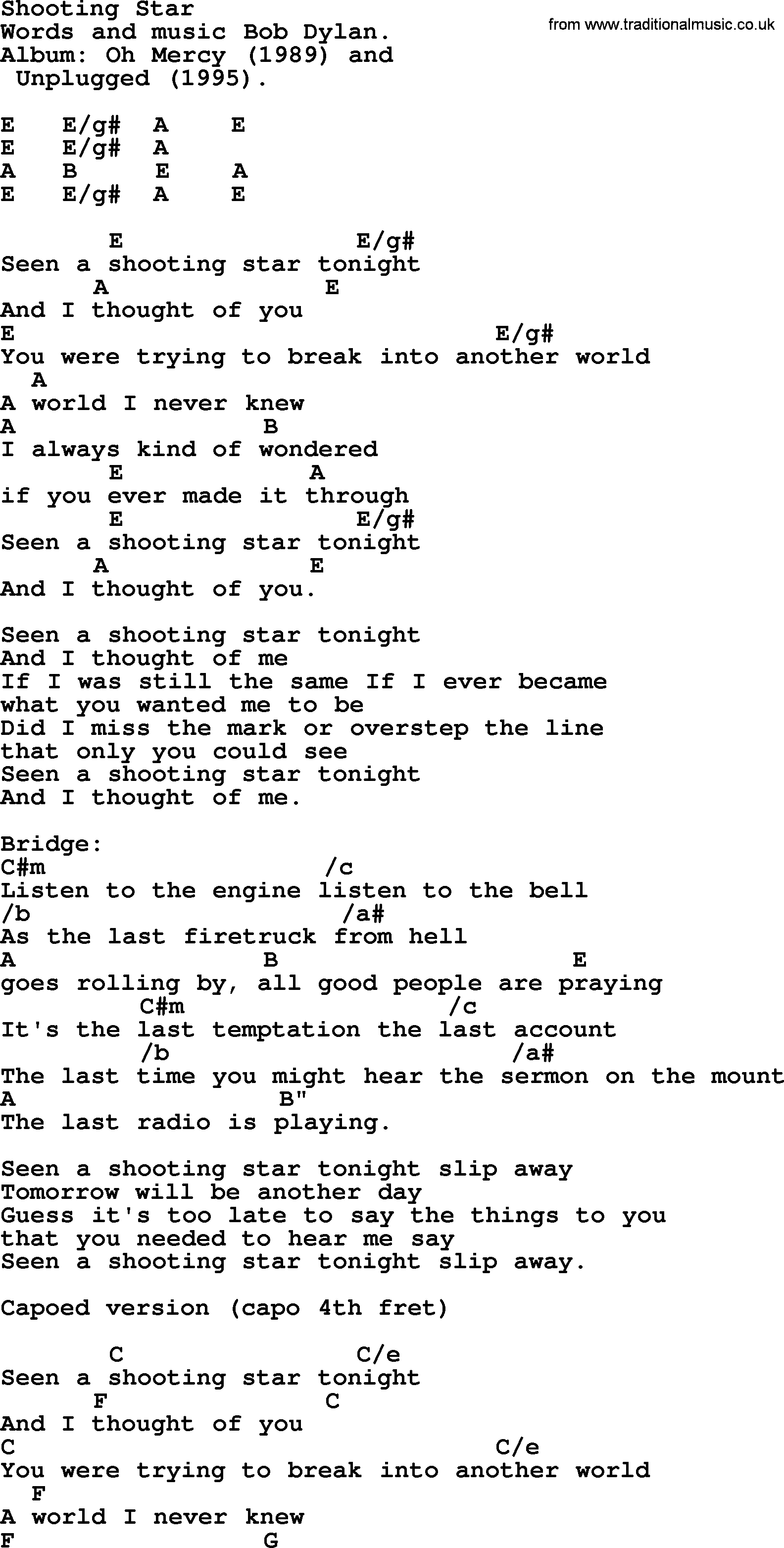 Bob Dylan song, lyrics with chords - Shooting Star