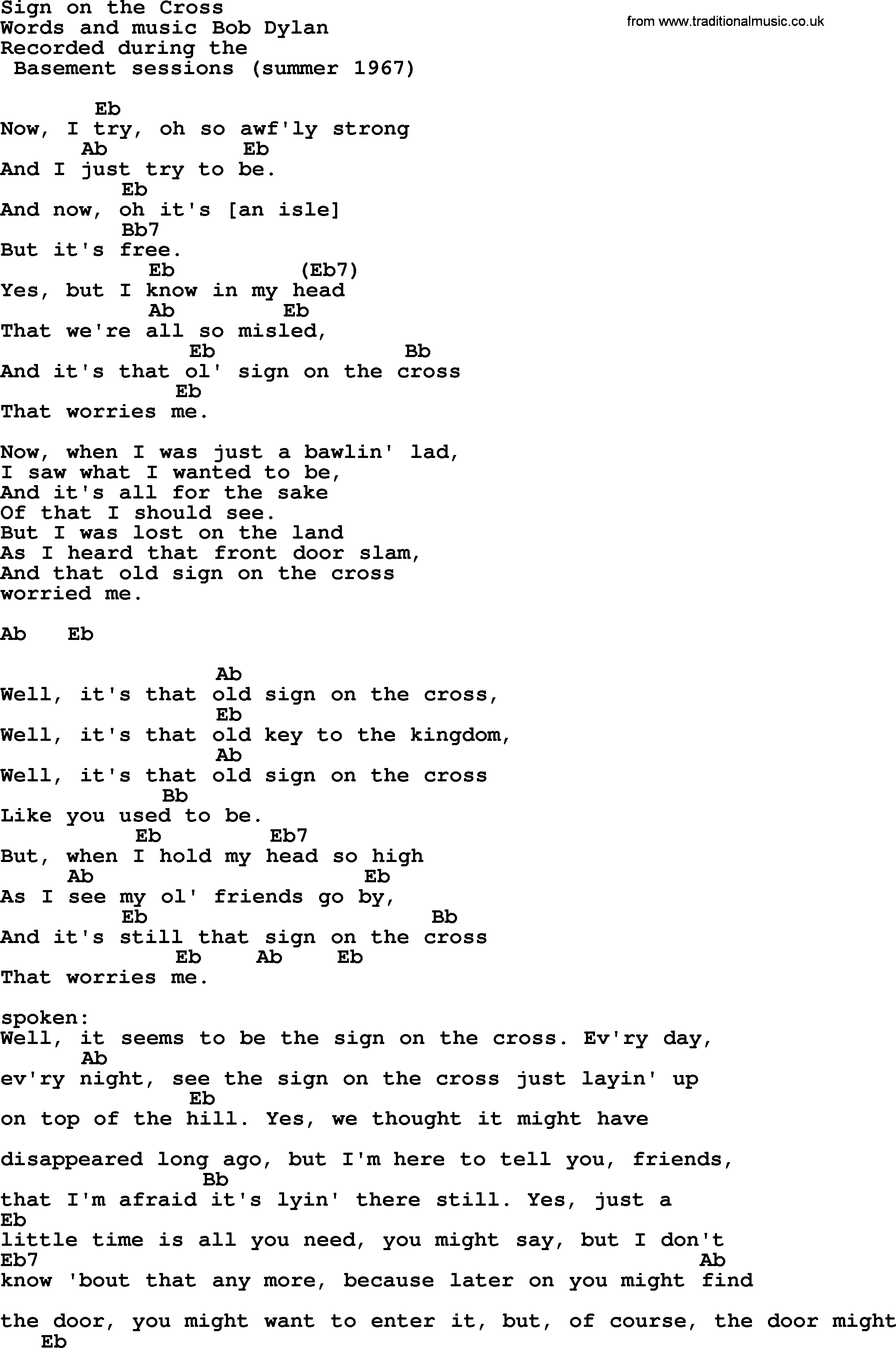 Bob Dylan song - Sign on the Cross, lyrics and chords