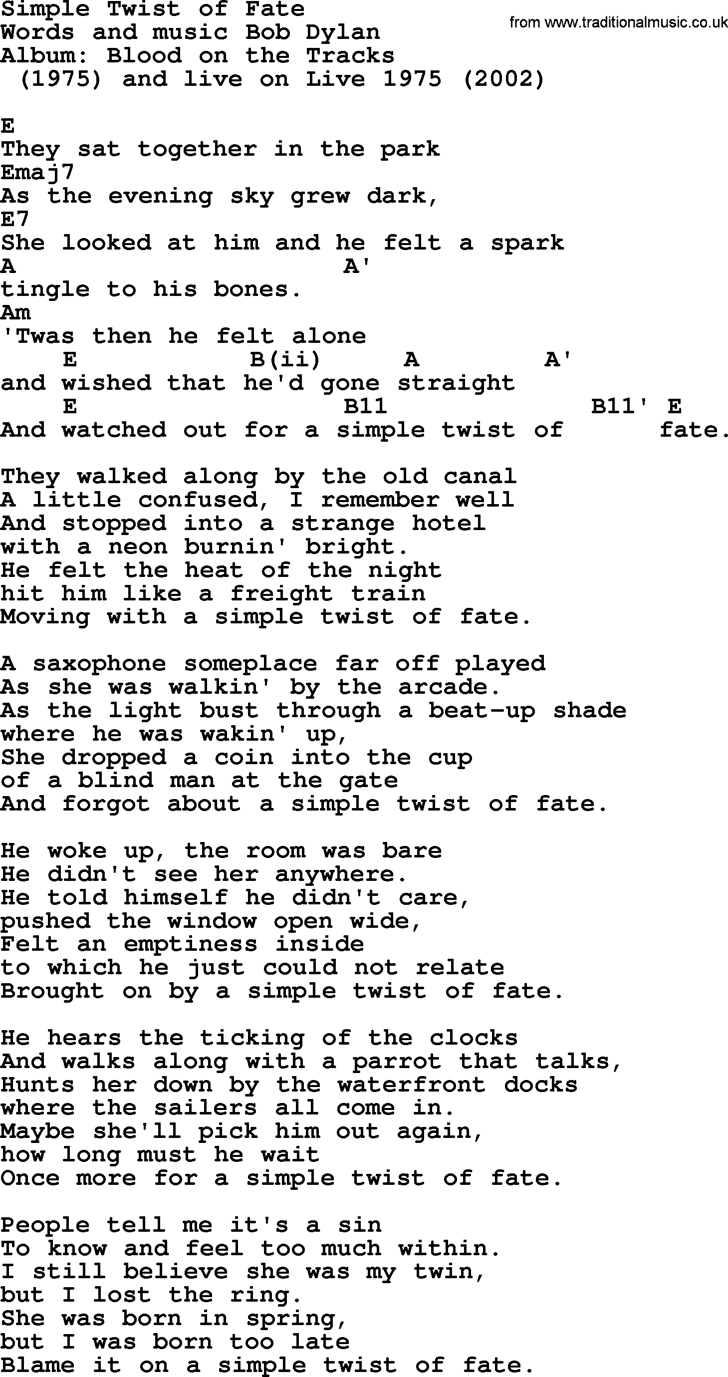 Bob Dylan song, lyrics with chords - Simple Twist of Fate
