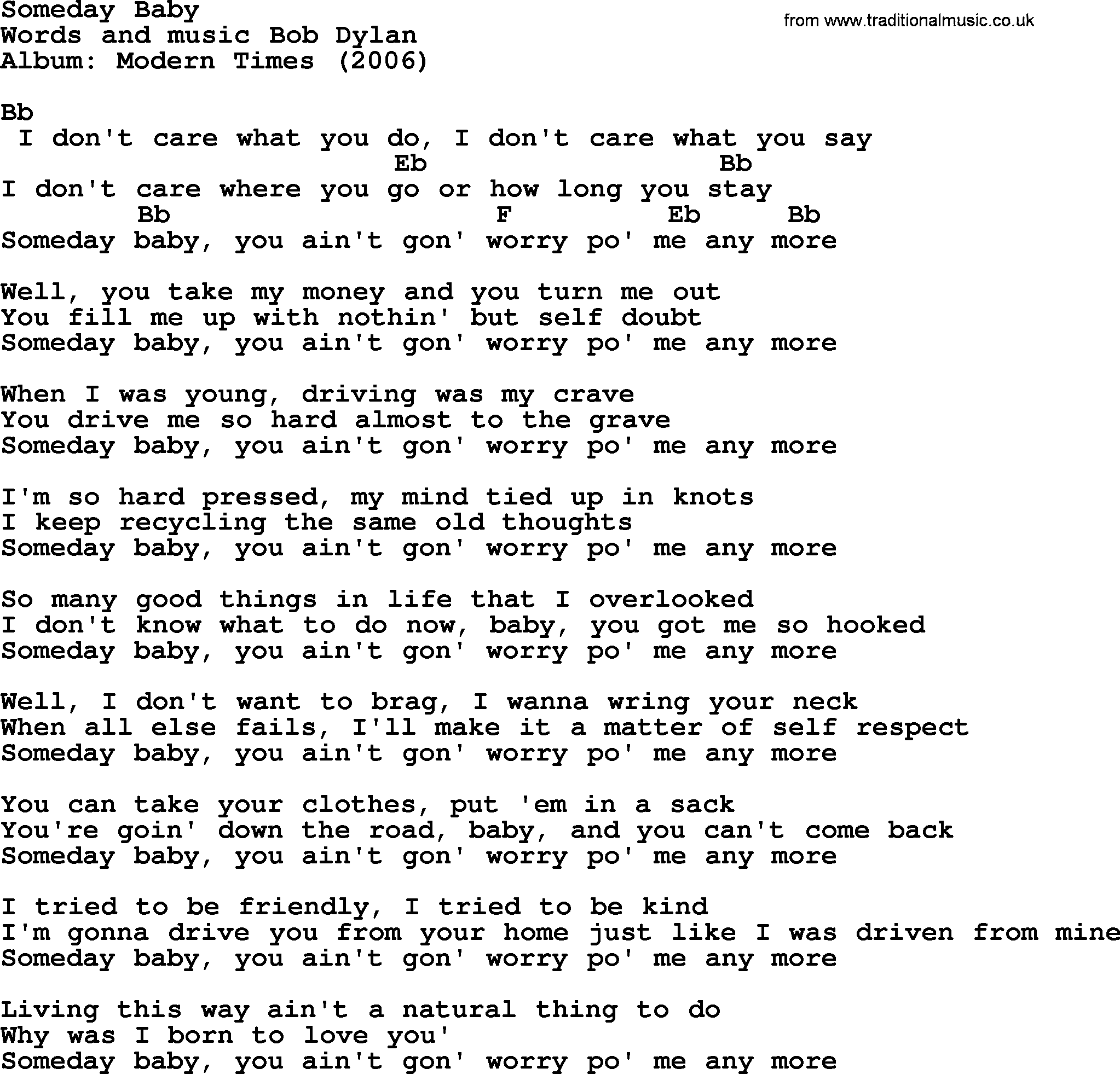 Bob Dylan song, lyrics with chords - Someday Baby
