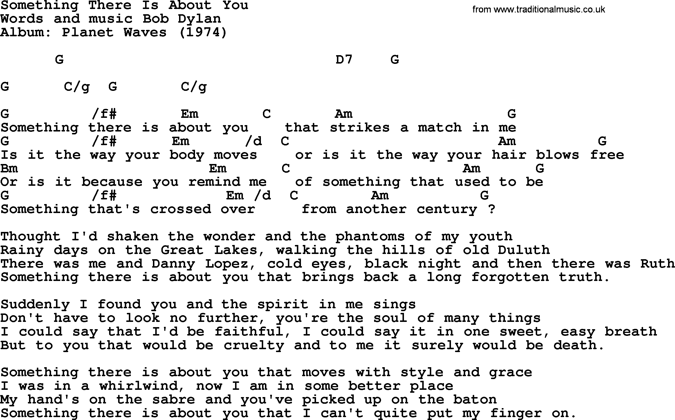 Bob Dylan song, lyrics with chords - Something There Is About You