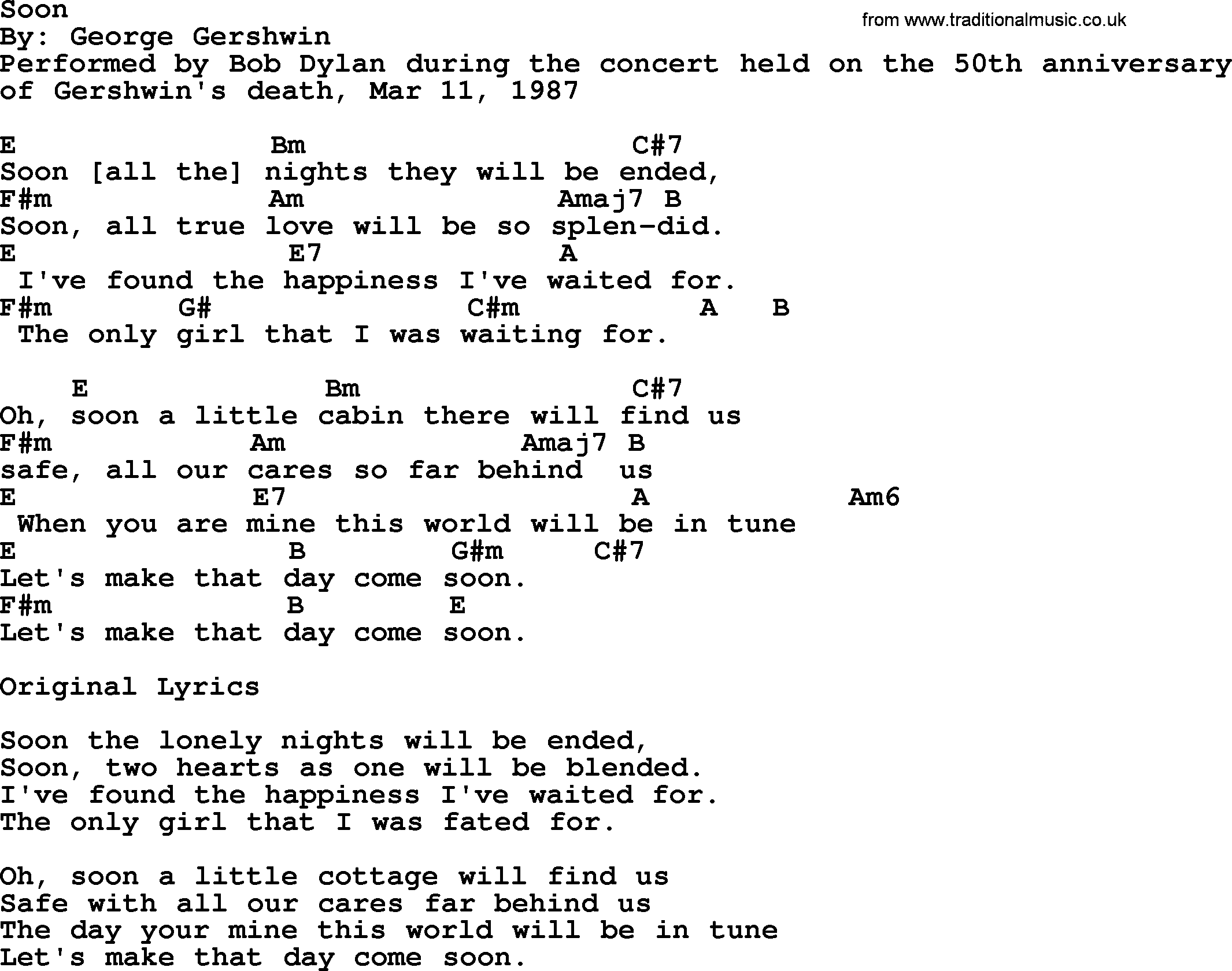 Bob Dylan song, lyrics with chords - Soon