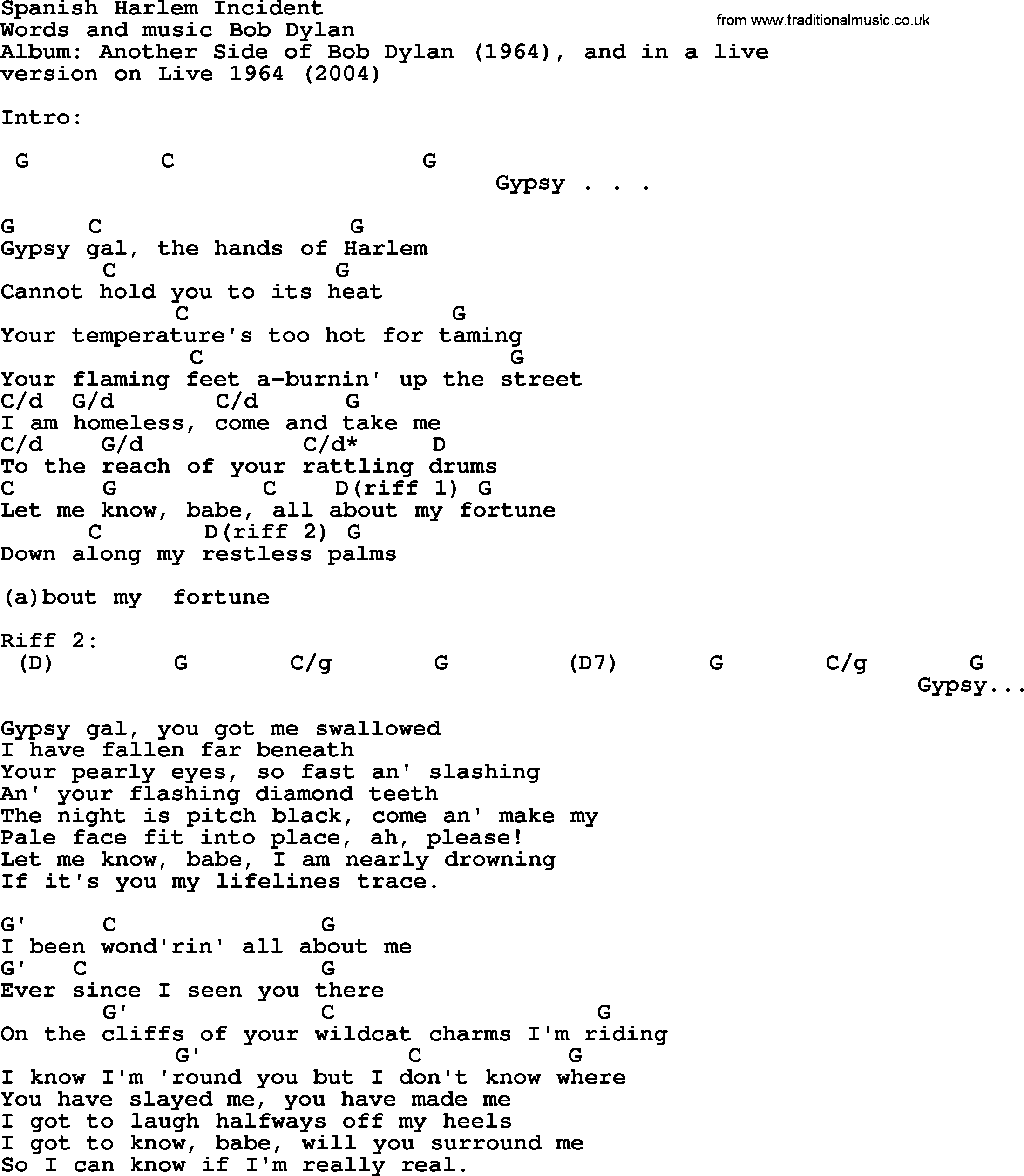 Bob Dylan song, lyrics with chords - Spanish Harlem Incident