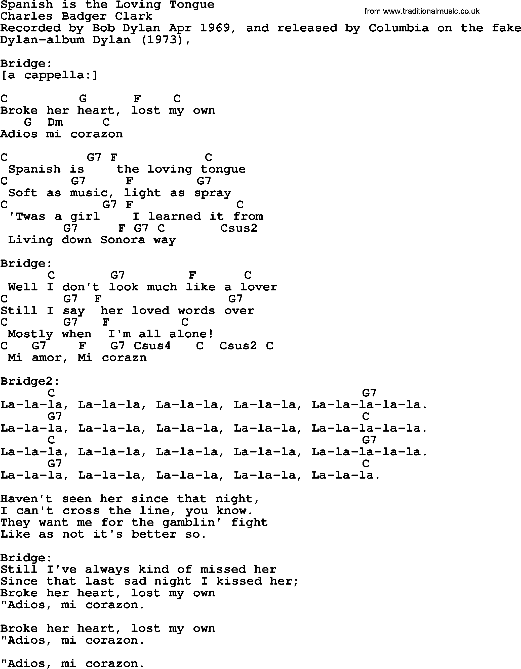Bob Dylan song, lyrics with chords - Spanish is the Loving Tongue