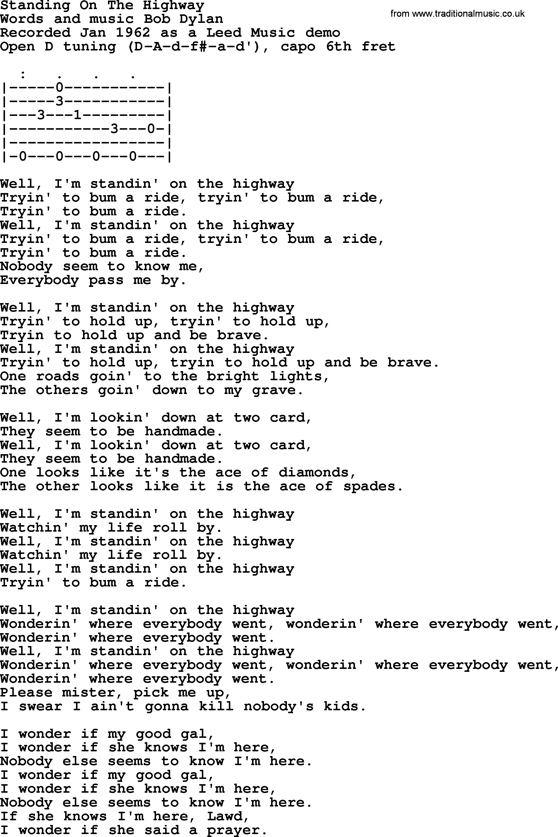Bob Dylan song, lyrics with chords - Standing On The Highway