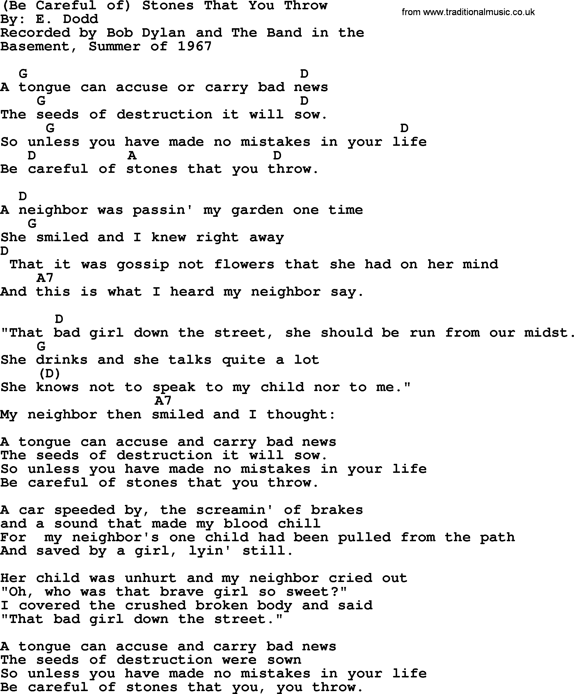 Bob Dylan song, lyrics with chords - (Be Careful of) Stones That You Throw