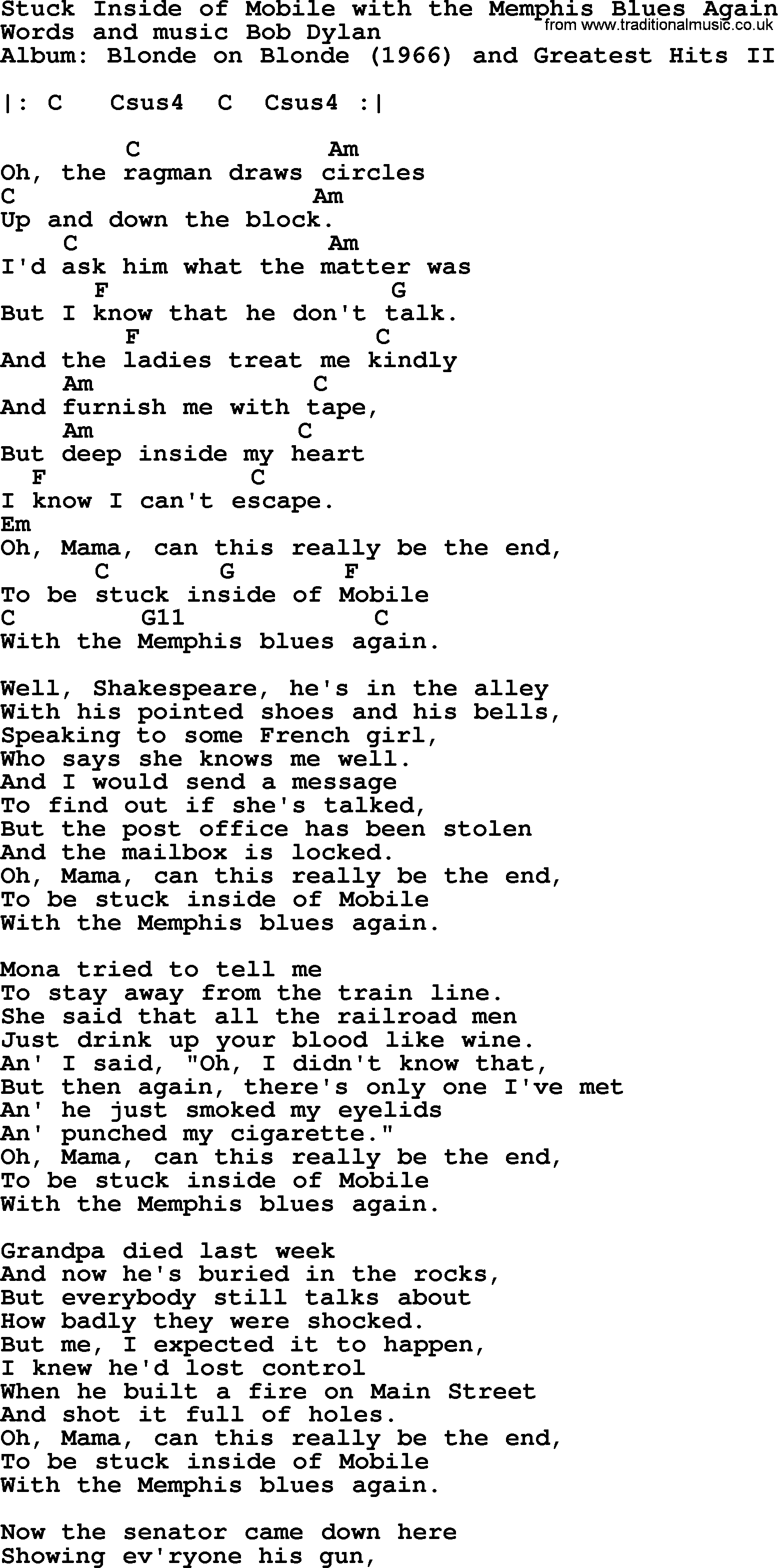 Bob Dylan song, lyrics with chords - Stuck Inside of Mobile with the Memphis Blues Again