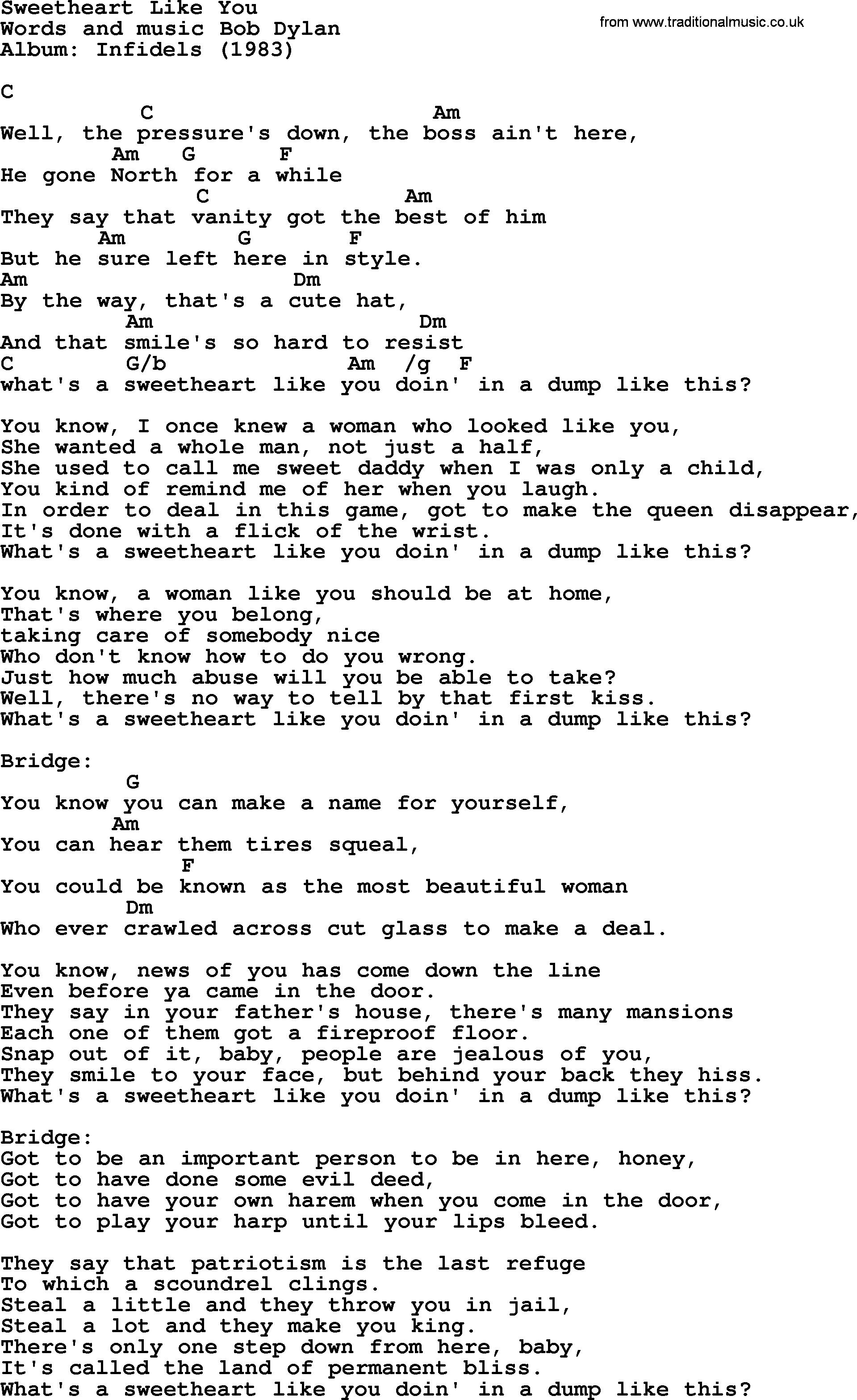 Bob Dylan song, lyrics with chords - Sweetheart Like You