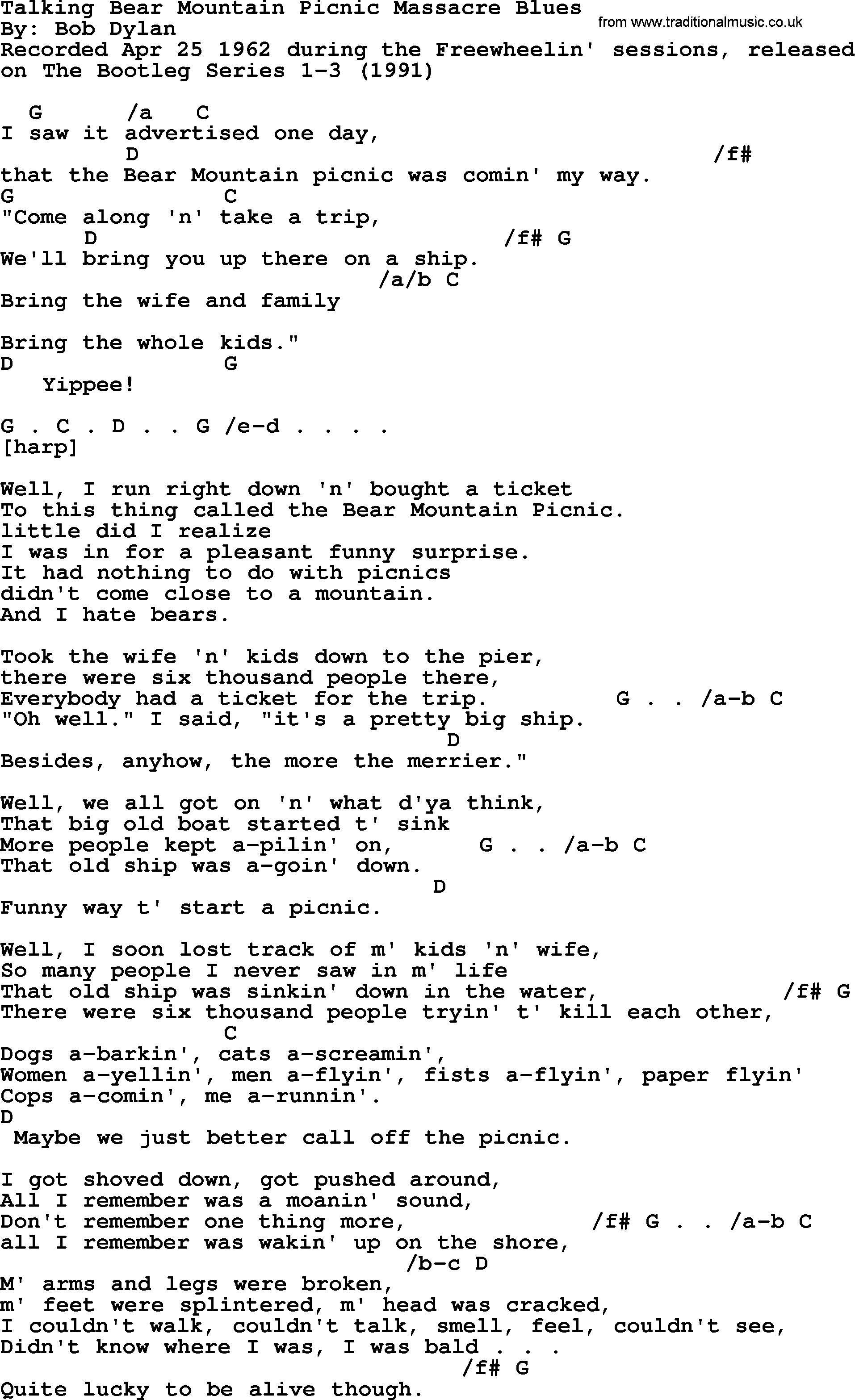 Bob Dylan song, lyrics with chords - Talking Bear Mountain Picnic Massacre Blues