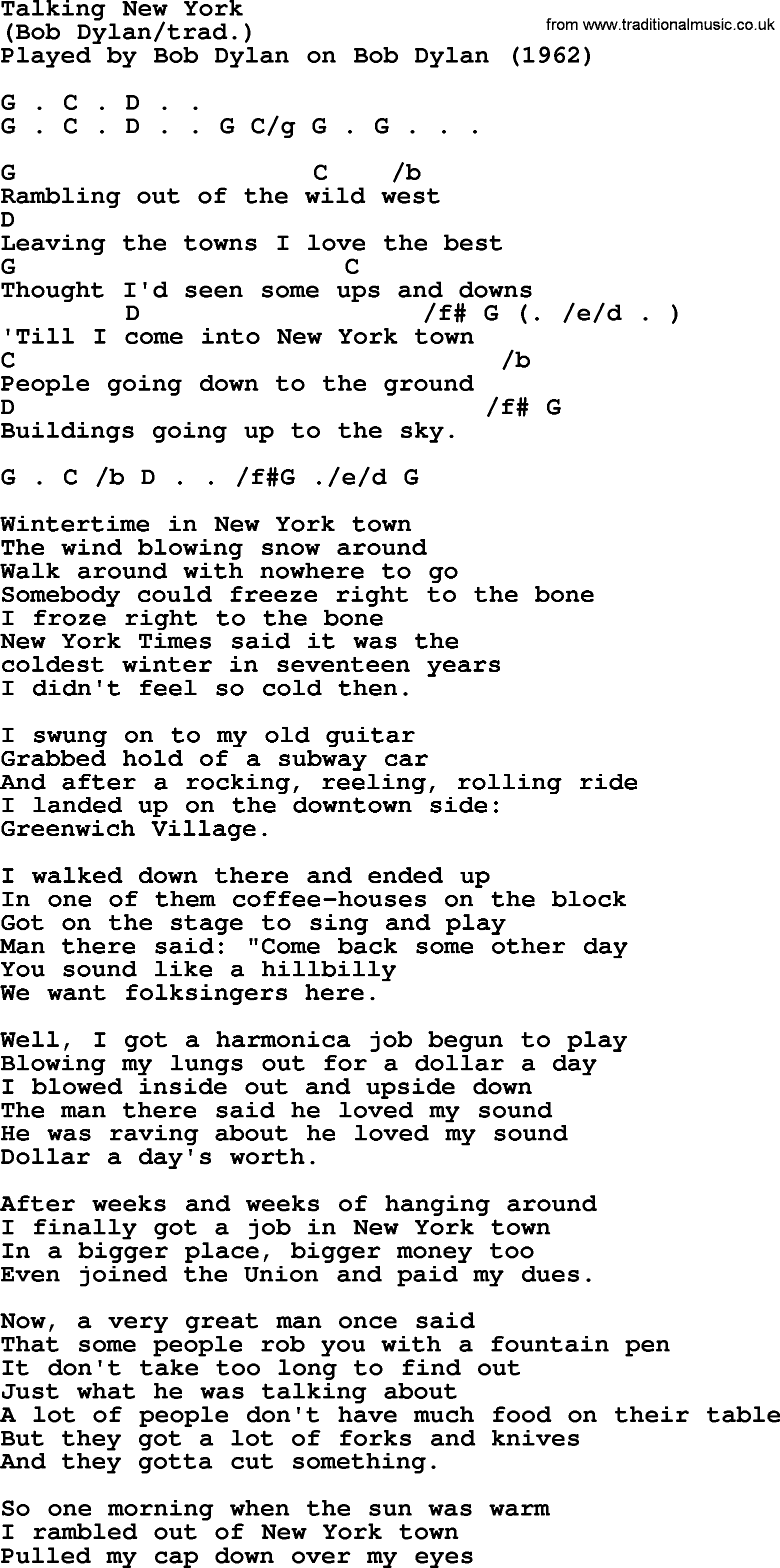 Bob Dylan song, lyrics with chords - Talking New York
