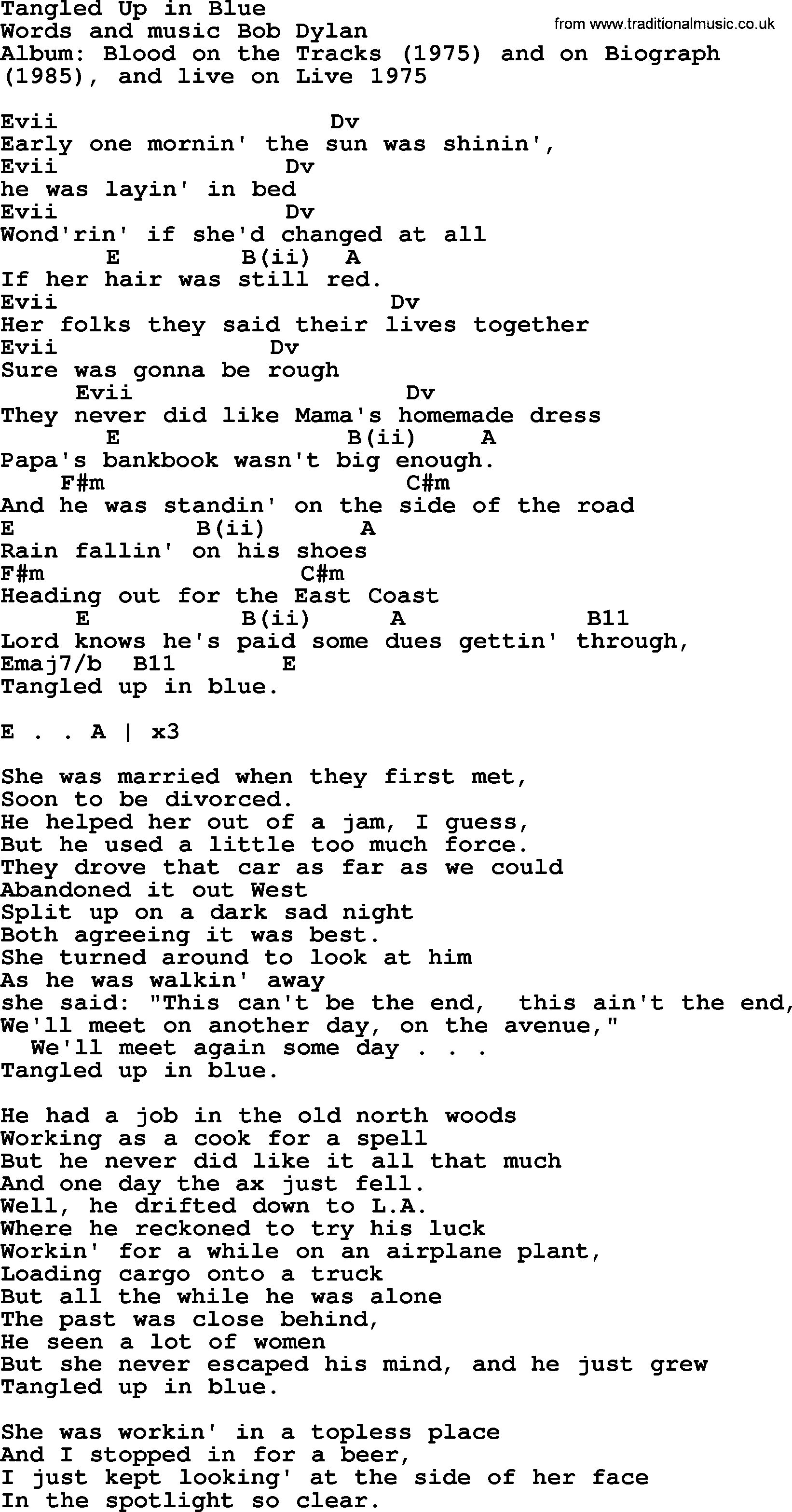 Bob Dylan song, lyrics with chords - Tangled Up in Blue