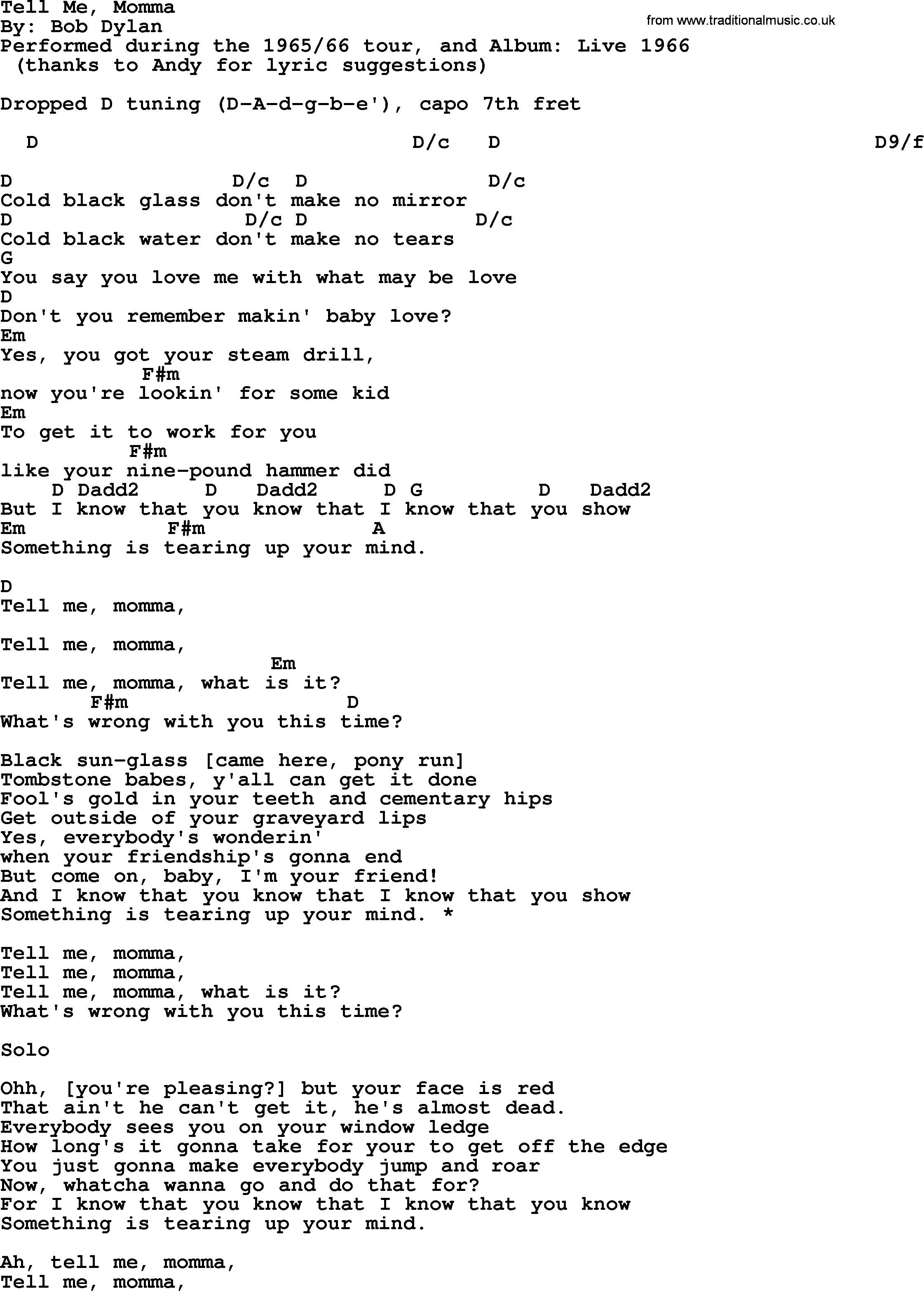 Bob Dylan song, lyrics with chords - Tell Me, Momma