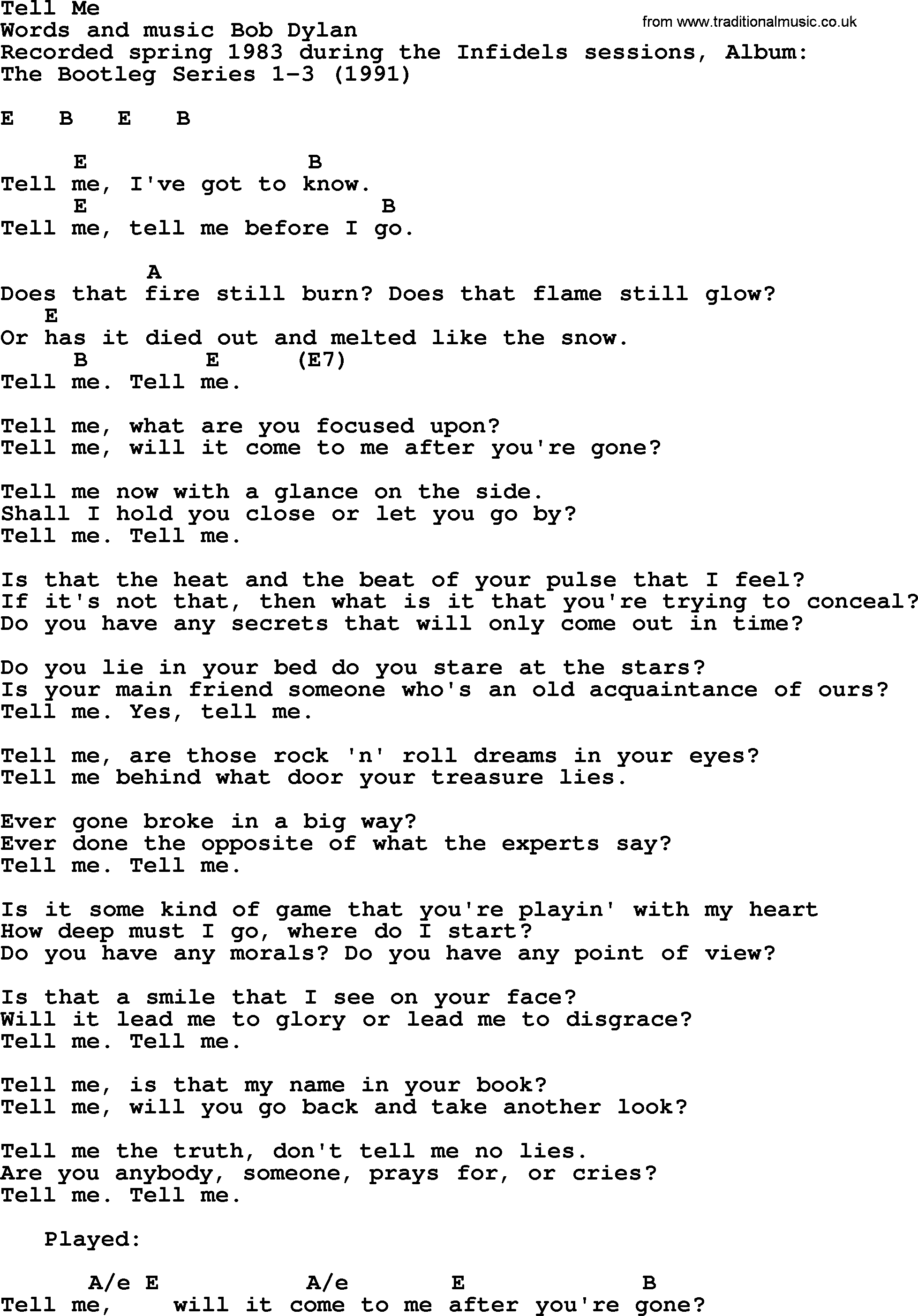 Bob Dylan song, lyrics with chords - Tell Me