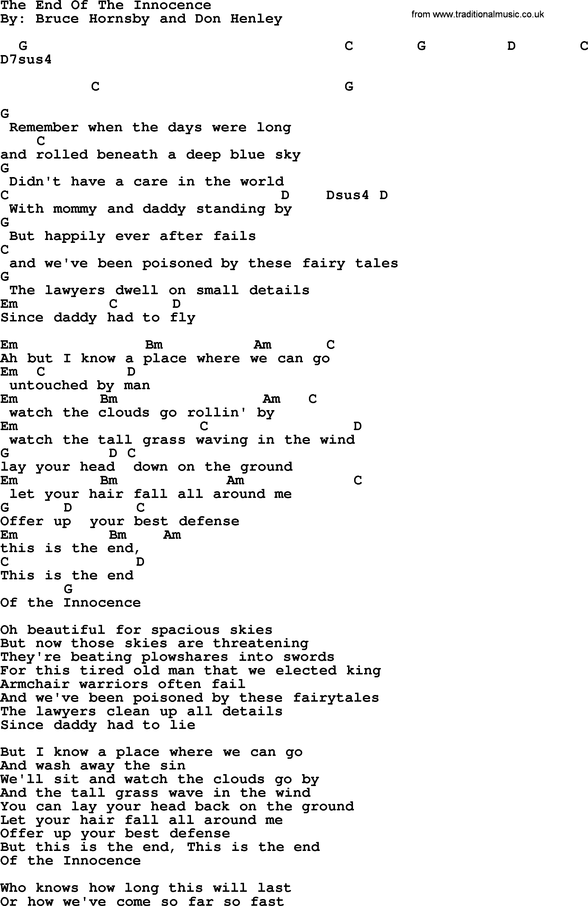 Bob Dylan song, lyrics with chords - The End Of The Innocence
