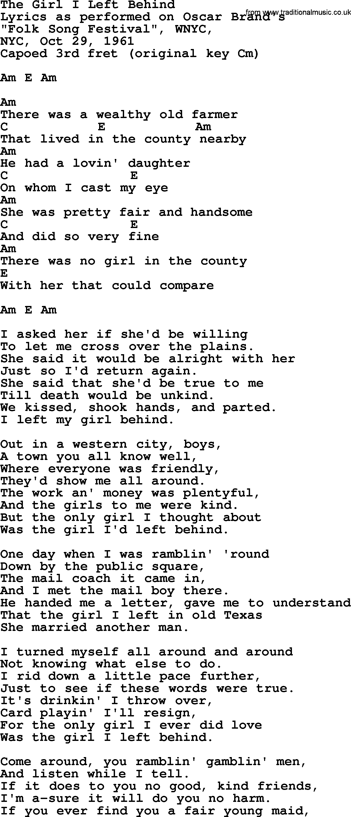 Bob Dylan song, lyrics with chords - The Girl I Left Behind