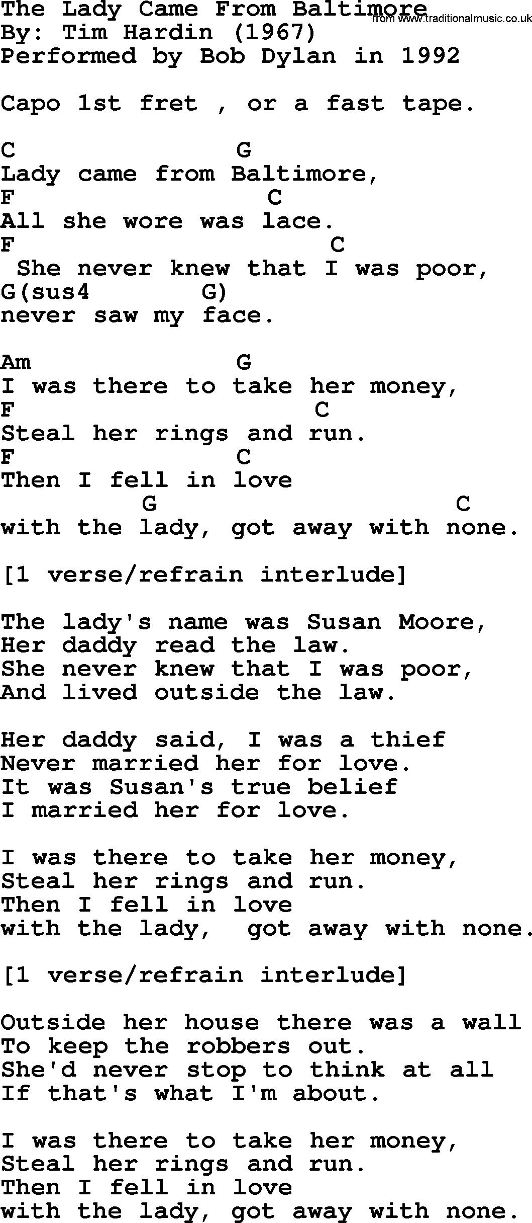 Bob Dylan song, lyrics with chords - The Lady Came From Baltimore
