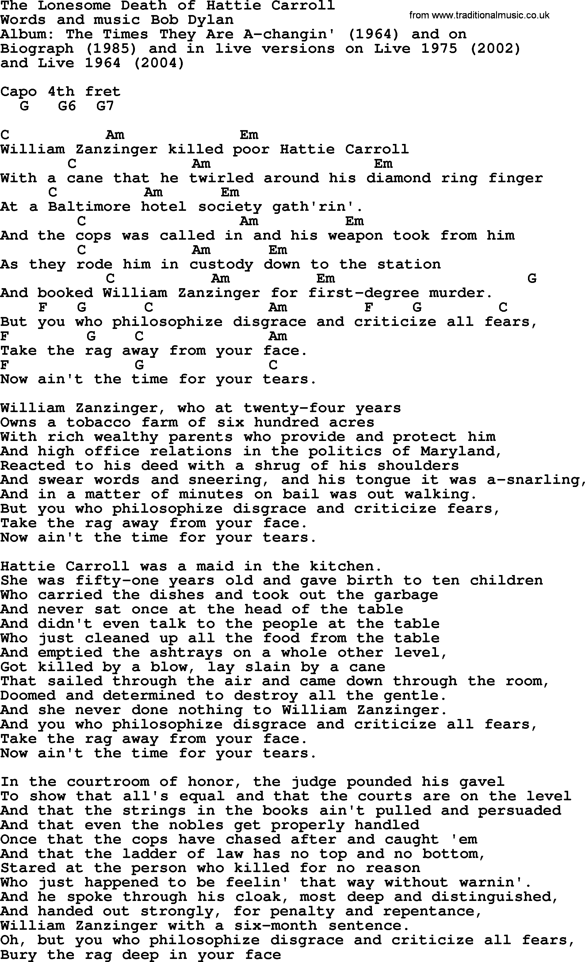 Bob Dylan song, lyrics with chords - The Lonesome Death of Hattie Carroll