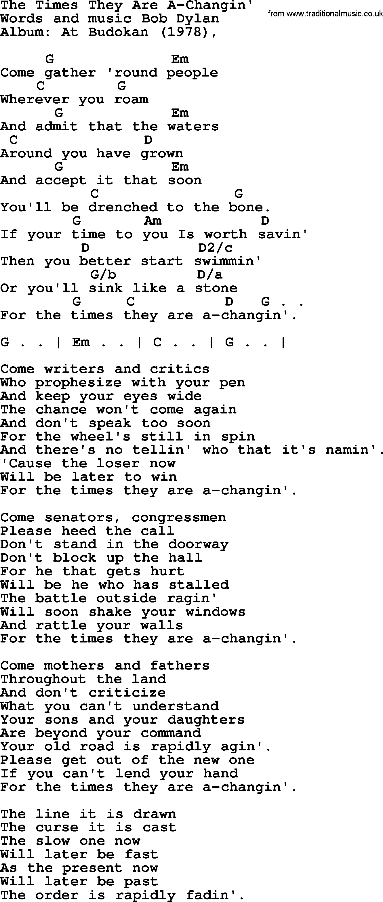 Bob Dylan song, lyrics with chords - The Times They Are A-Changin'
