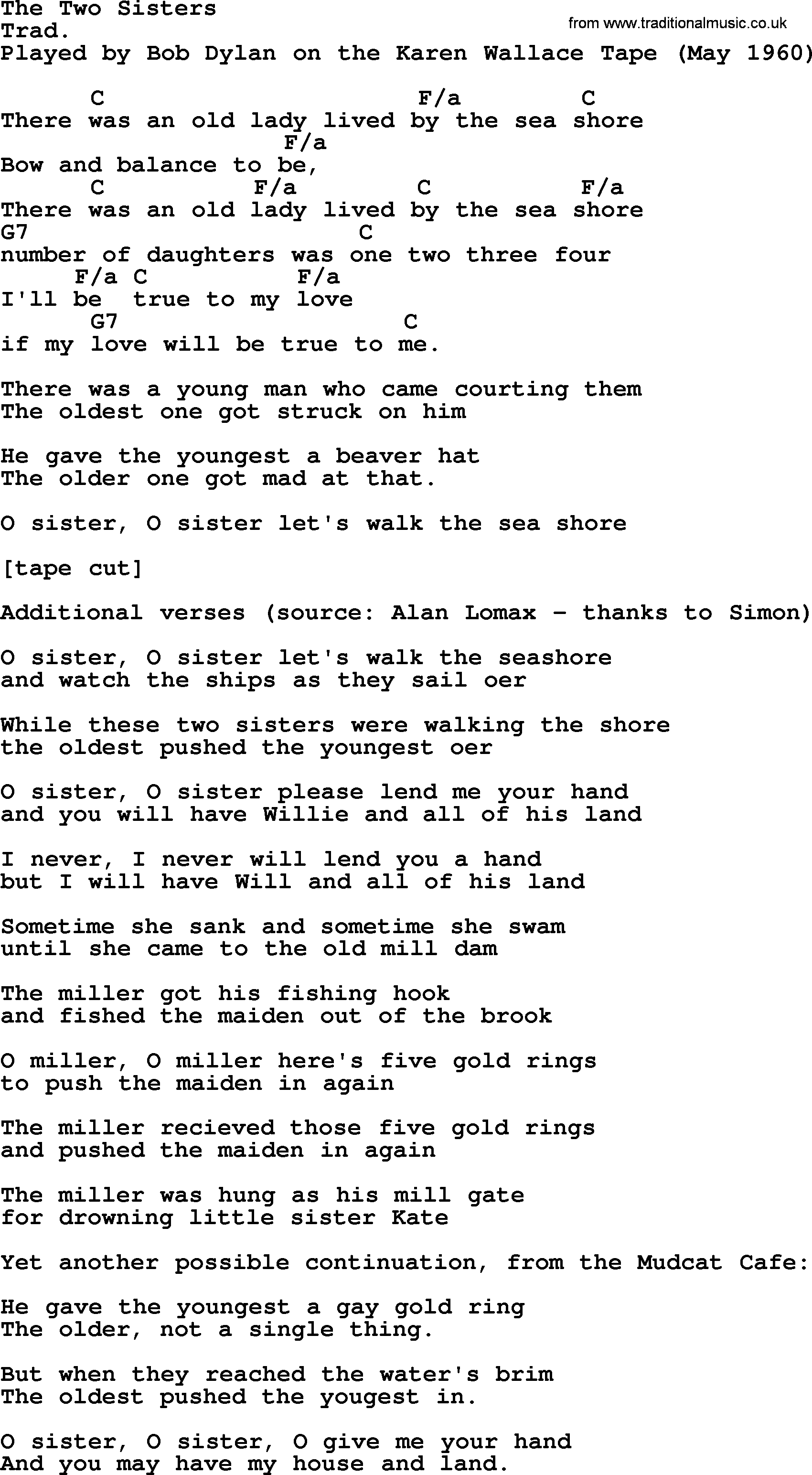 Bob Dylan song, lyrics with chords - The Two Sisters