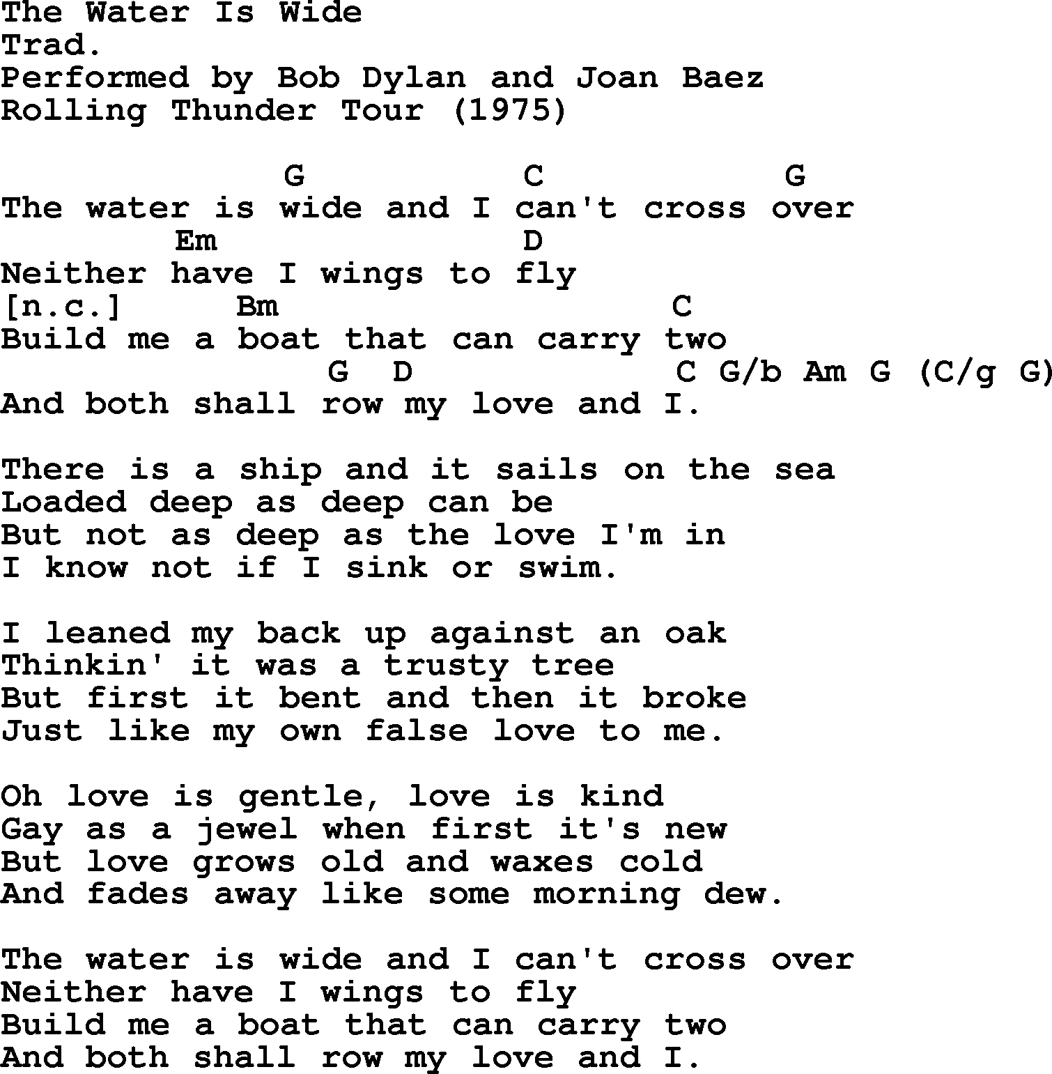 Bob Dylan song, lyrics with chords - The Water Is Wide