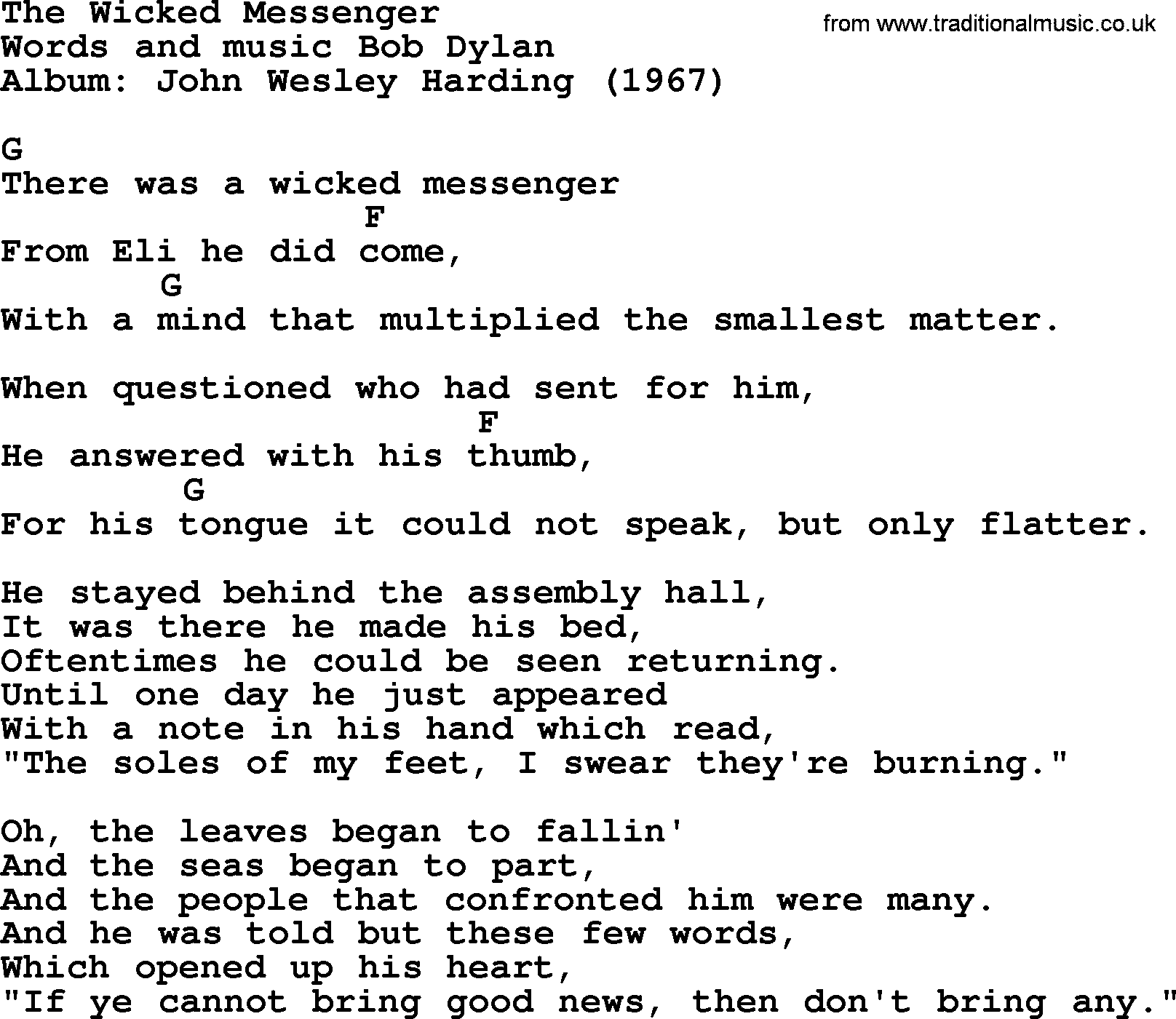 Bob Dylan song, lyrics with chords - The Wicked Messenger