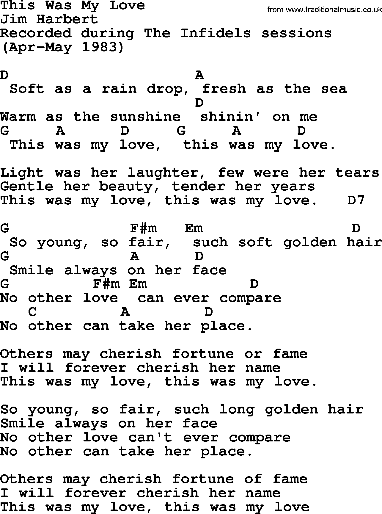 Bob Dylan song, lyrics with chords - This Was My Love