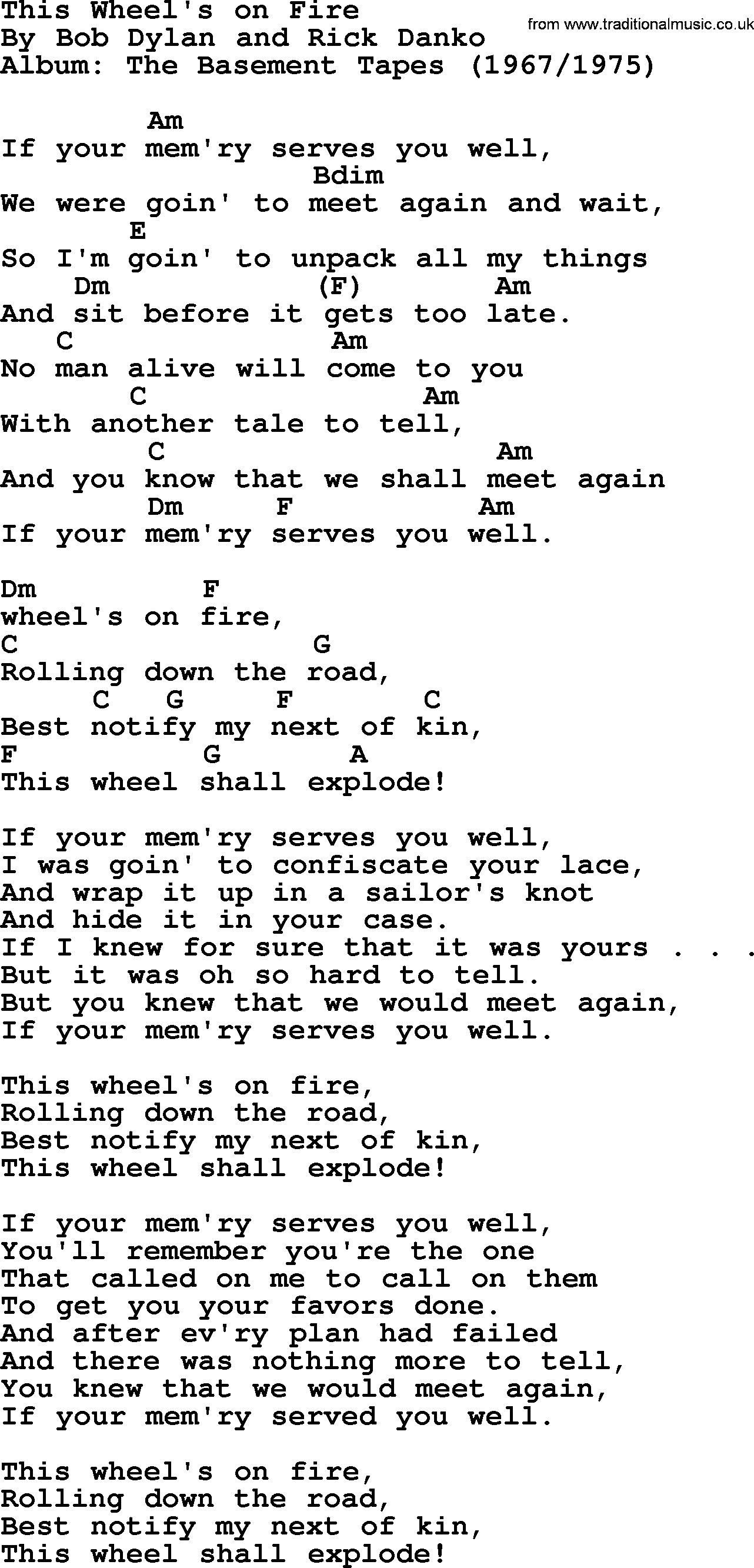 Bob Dylan song, lyrics with chords - This Wheel's on Fire